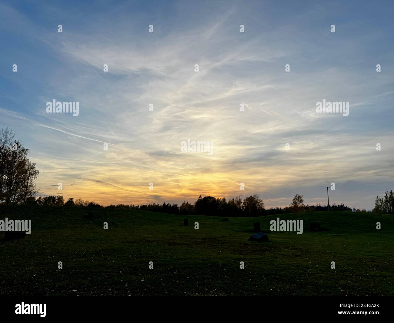 Coucher de soleil d'automne doré sur des champs herbeux en Finlande, mélangeant les teintes chaudes du ciel avec les verts doux de la campagne - Image de stock capturée avec un smartphone