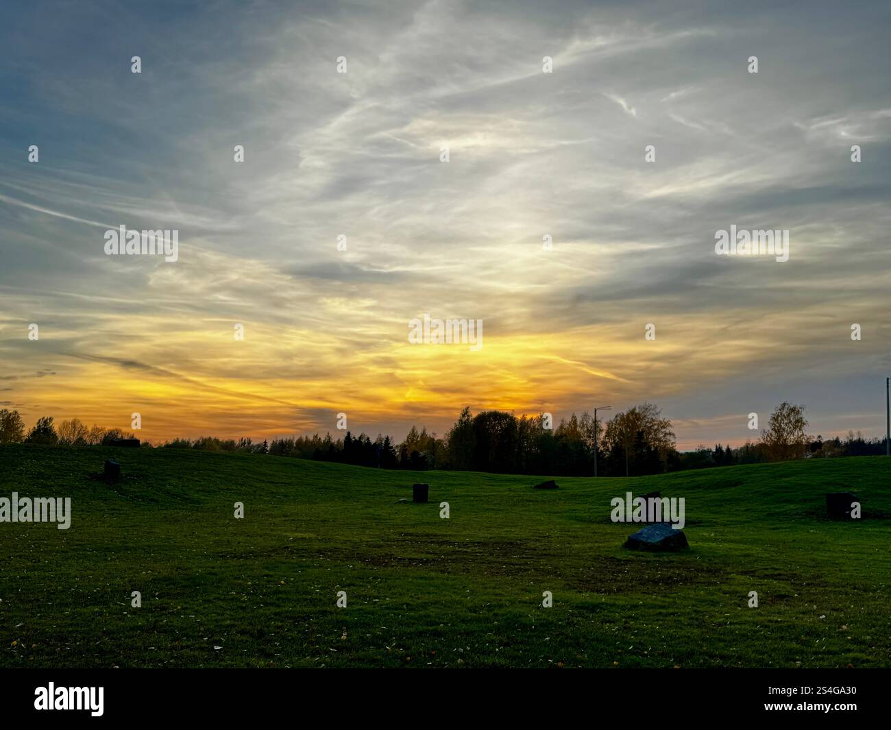 Coucher de soleil d'automne doré sur des champs herbeux en Finlande, mélangeant les teintes chaudes du ciel avec les verts doux de la campagne - Image de stock capturée avec un smartphone