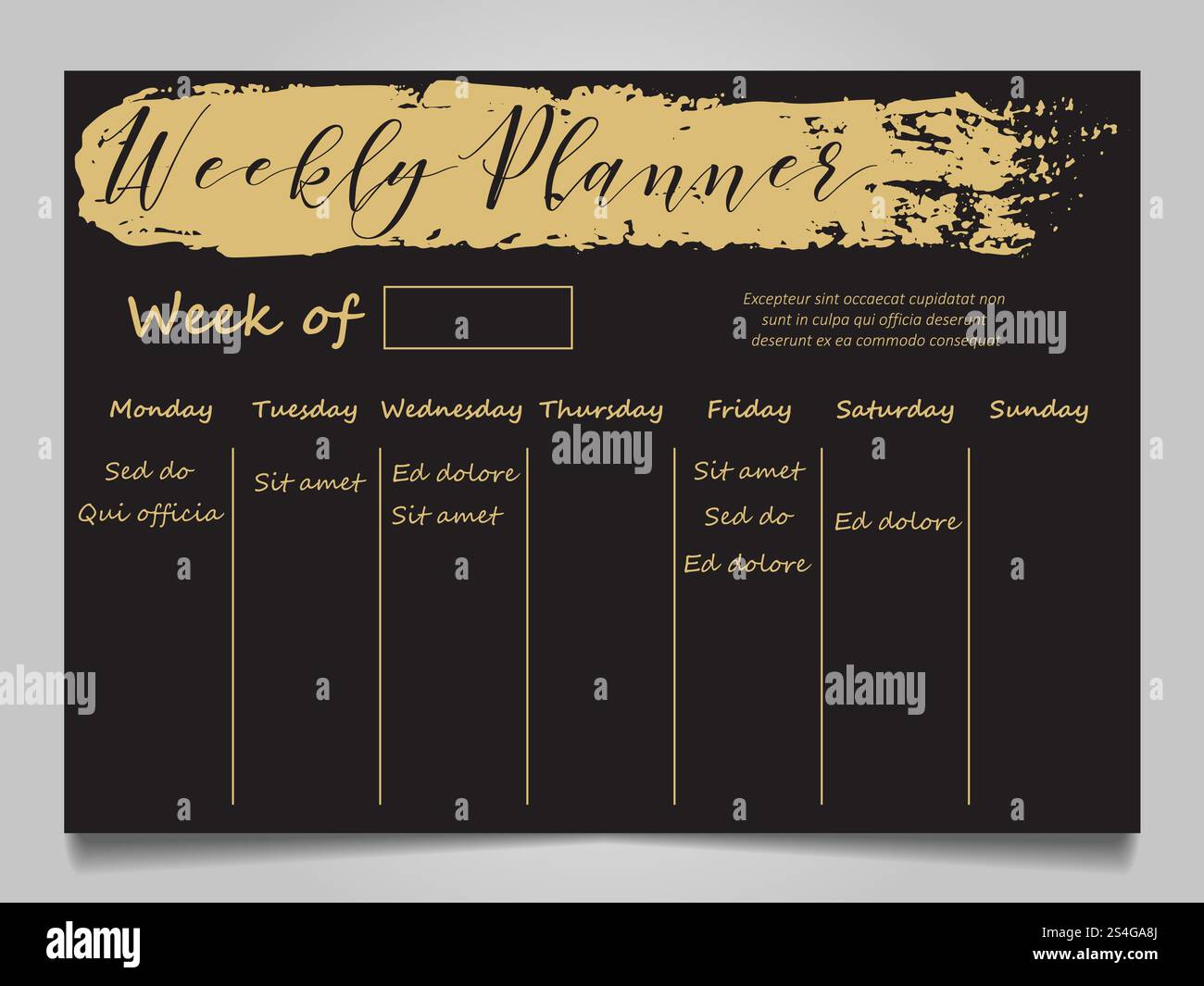 Modèle de planificateur hebdomadaire noir et or avec effet grunge doré. Illustration vectorielle. Modèle de planificateur hebdomadaire noir et or Illustration de Vecteur