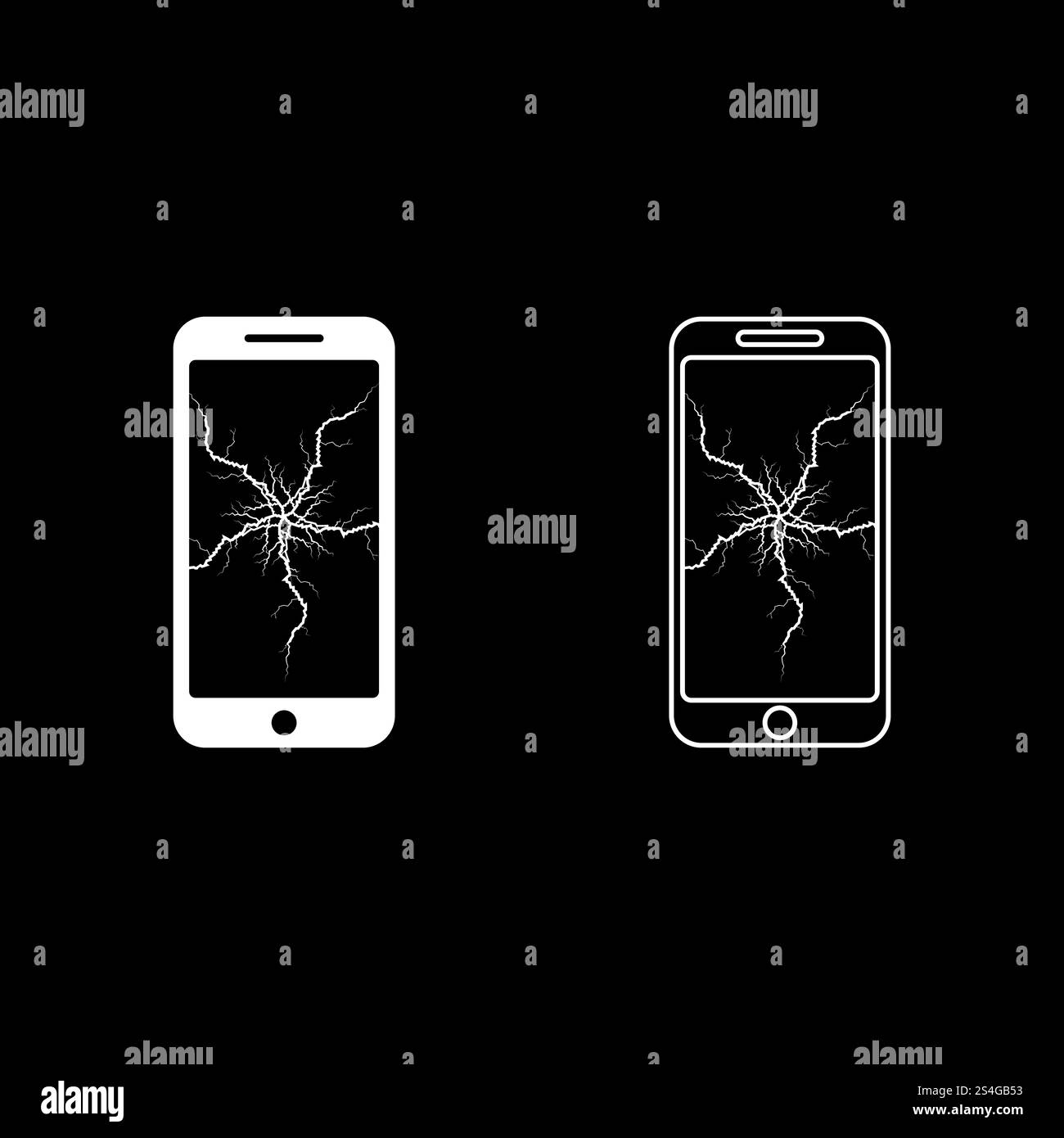 Smartphone avec fissure sur l'affichage cassé téléphone mobile moderne écran de smartphone brisé téléphone avec matrice cassée de téléphone portable d'écran avec écran tactile fissuré au centre icône de téléphone en verre cassé Set blanc illustration vectorielle de style plat image simple Illustration de Vecteur