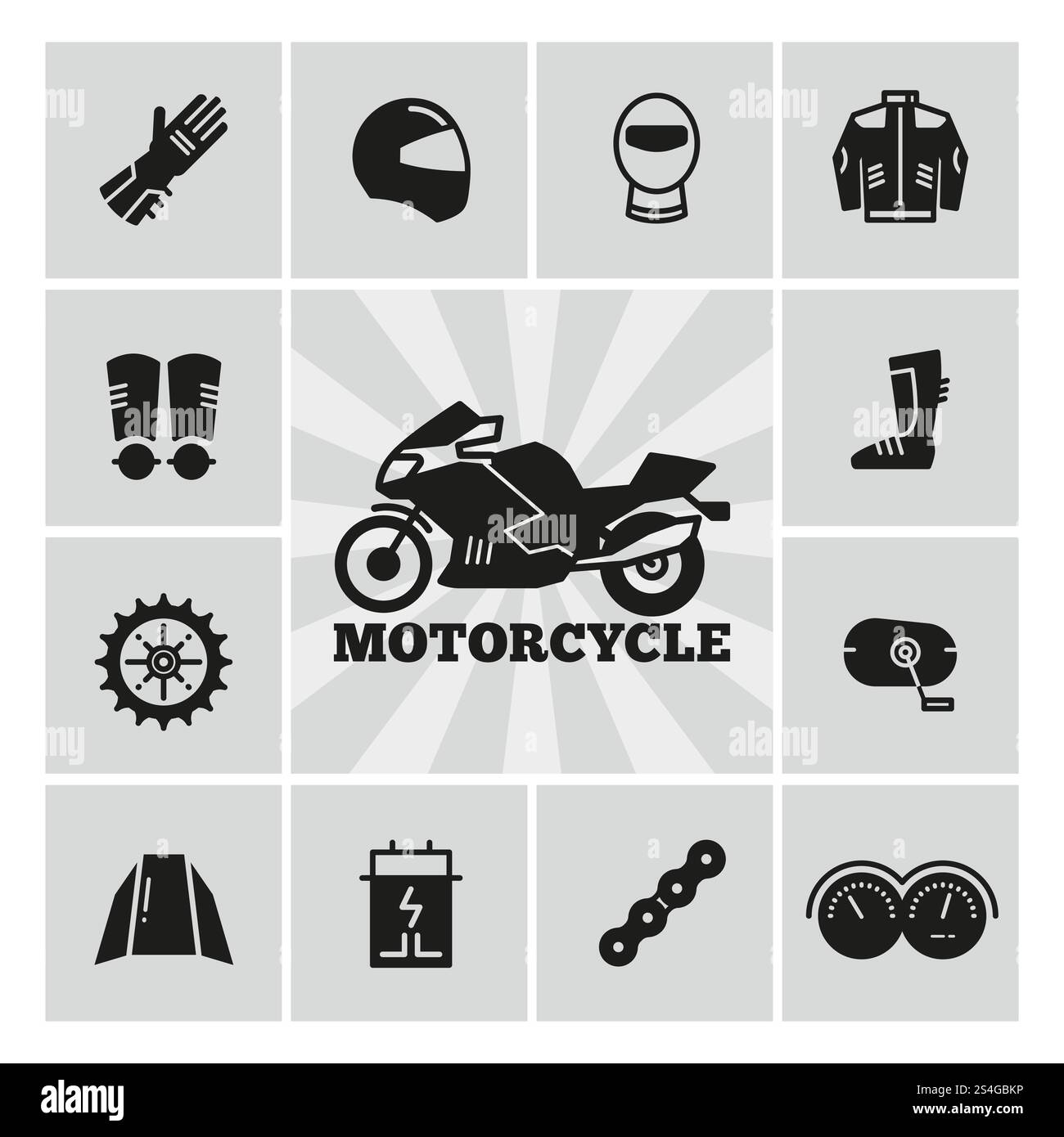 Moto pièces accessoires moto silhouette icônes ensemble. Engrenage pour motocyclette. Illustration vectorielle. Moto pièces accessoires moto silhouette icônes ensemble Illustration de Vecteur
