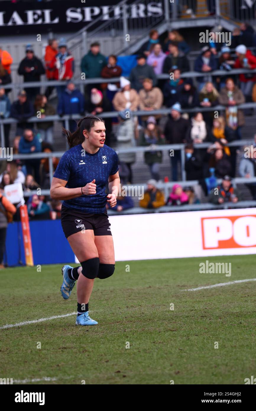 Exeter, Devon, Royaume-Uni. 12 janvier 2025. PWR Professional Women's Rugby Exeter Chiefs contre Bristol Bears à Sandy Park, Exeter, Devon. Photo : Ilona Maher se réchauffe. Crédit : Nidpor/Alamy Live News Banque D'Images