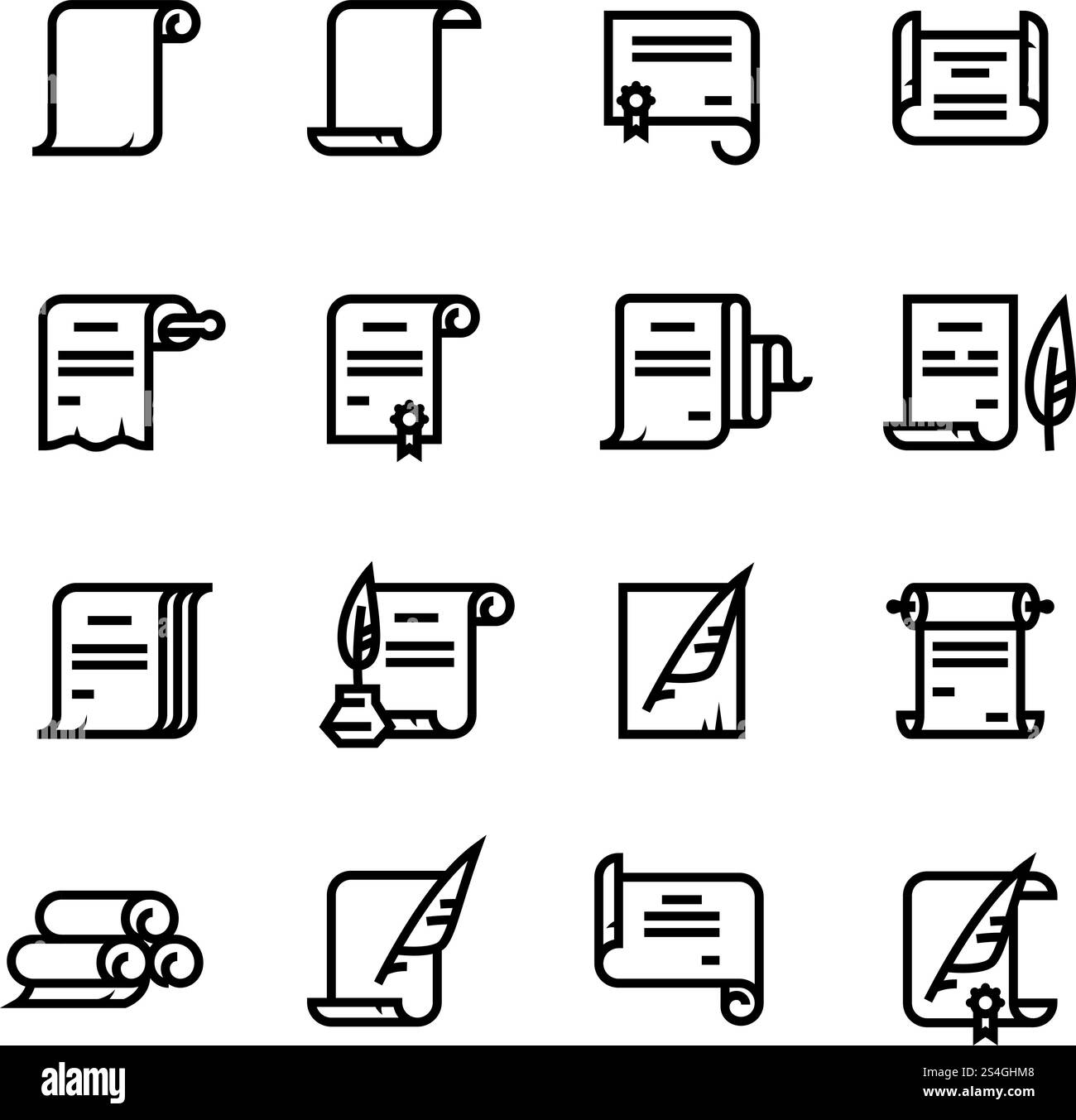 Anciens rouleaux de papier et documents icônes vectorielles. Symboles de diplôme simples. Illustration de papier de certificat de document ancien, rouleau linéaire de diplôme. Anciens rouleaux de papier et documents icônes vectorielles. Symboles de diplôme simples Illustration de Vecteur