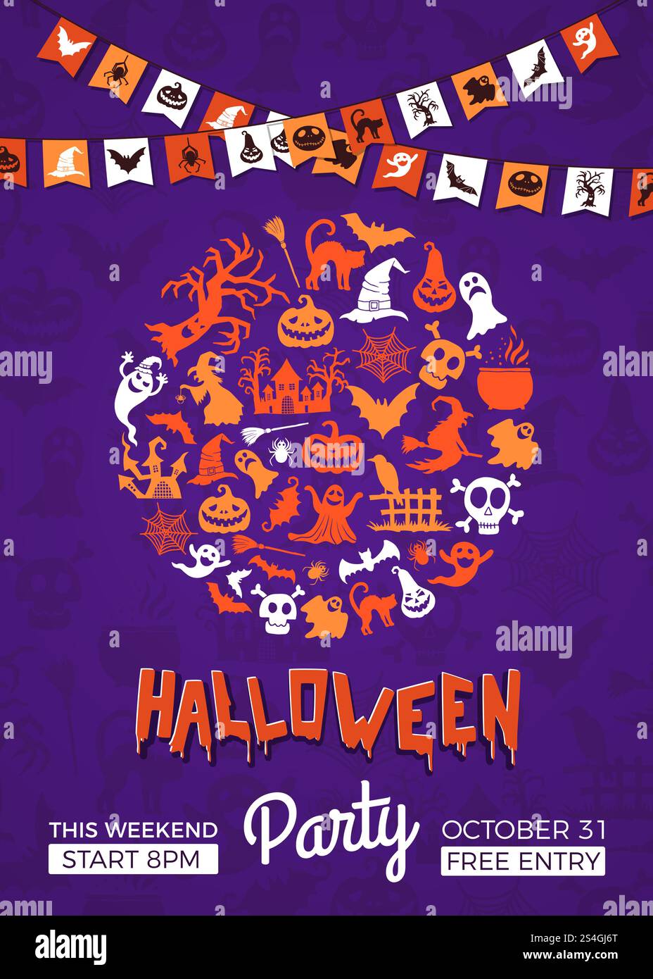Modèle d'affiche d'invitation de fête de vecteur halloween avec cercle de sorcières, citrouilles, fantômes, silhouettes d'araignées, guirlandes et place pour le texte. Affiche d'Halloween bannière carte fête illustration de vacances. Modèle d'affiche d'invitation de fête de vecteur halloween avec cercle de sorcières, citrouilles, fantômes, silhouettes d'araignées, guirlandes et place pour le texte Illustration de Vecteur