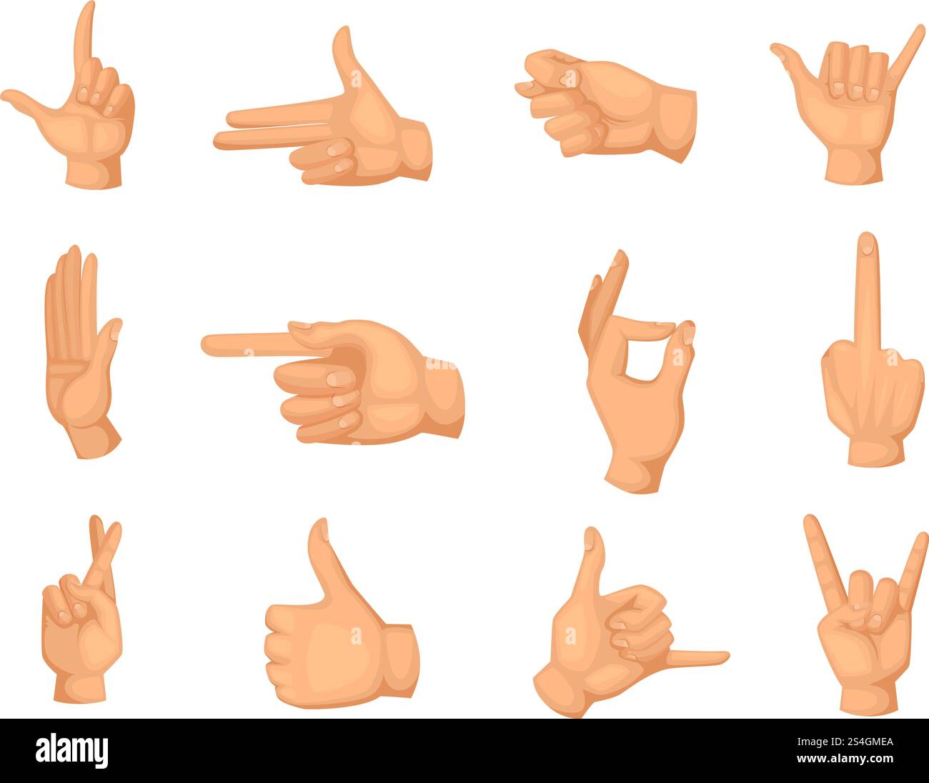 Illustrations de dessins animés de gestes de mains isolés sur blanc. Pouce vers le haut et paume, poing et vecteur de symbole OK. Illustrations de dessins animés de gestes de mains isolés sur blanc Illustration de Vecteur