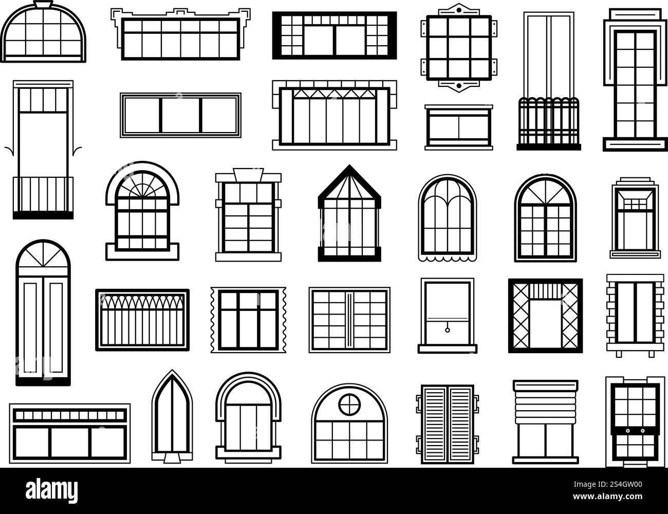 Illustrations vectorielles définies avec différentes silhouettes de cadres de fenêtre. Silhouette de cadre de fenêtre pour maison ou maison, fenêtres de construction classique architectural. Illustrations vectorielles définies avec différentes silhouettes de cadres de fenêtre Illustration de Vecteur
