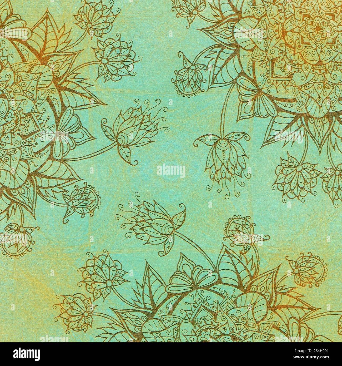Motif floral indien. Fond décoratif carré avec une texture textile en relief avec des motifs de fleurs indiennes complexes. Parfait pour le design et gra Banque D'Images