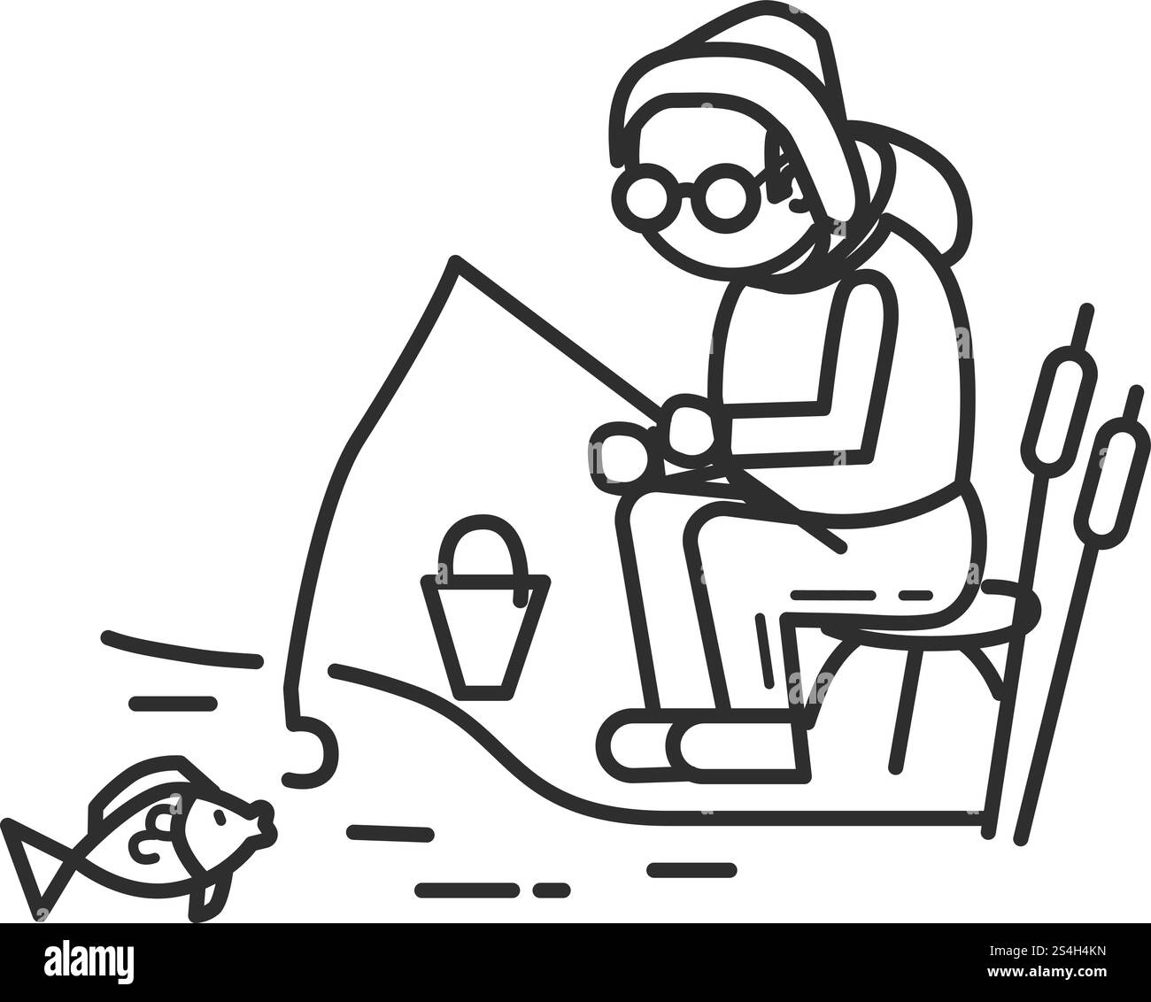 Vieille personne au fond de concept de pêche. Décrire la vieille personne au fond de concept de vecteur de pêche pour la conception de Web isolé sur fond blanc. Vieille personne au fond de concept de pêche, style de contour Illustration de Vecteur