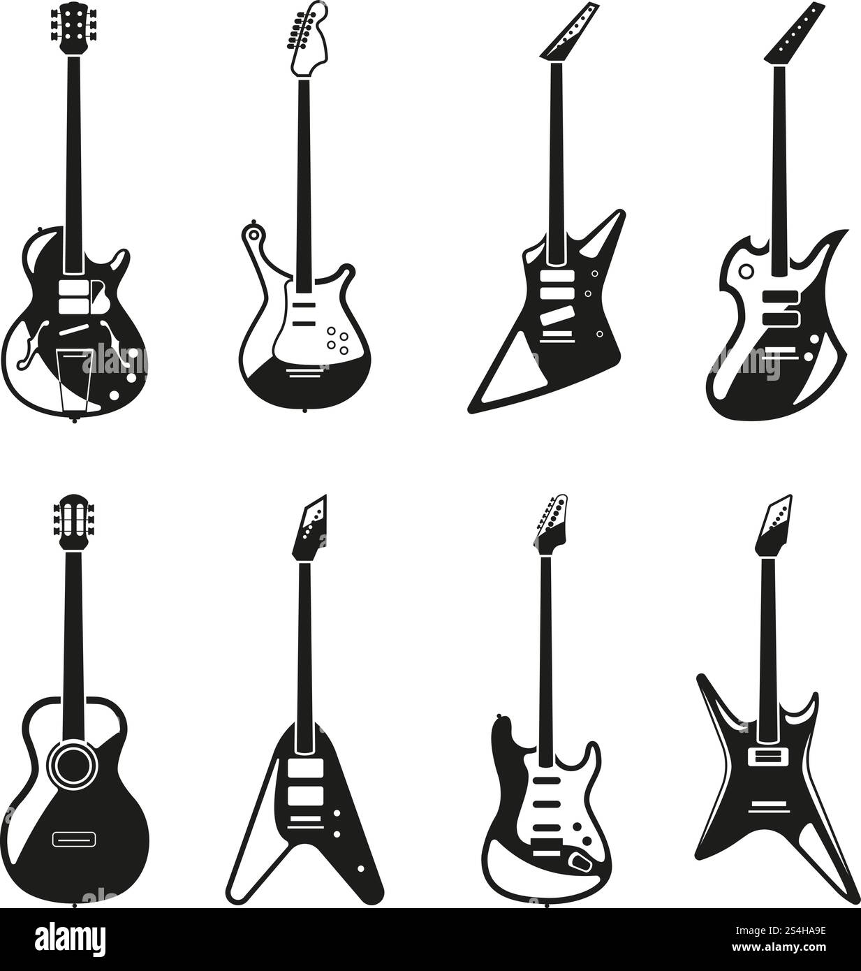 Ensemble de guitares électriques rock différentes. Guitare musicale monochrome vectorielle, illustration d'instrument de rock électrique. Ensemble de guitares électriques rock différentes. Images monochromes vectorielles Illustration de Vecteur