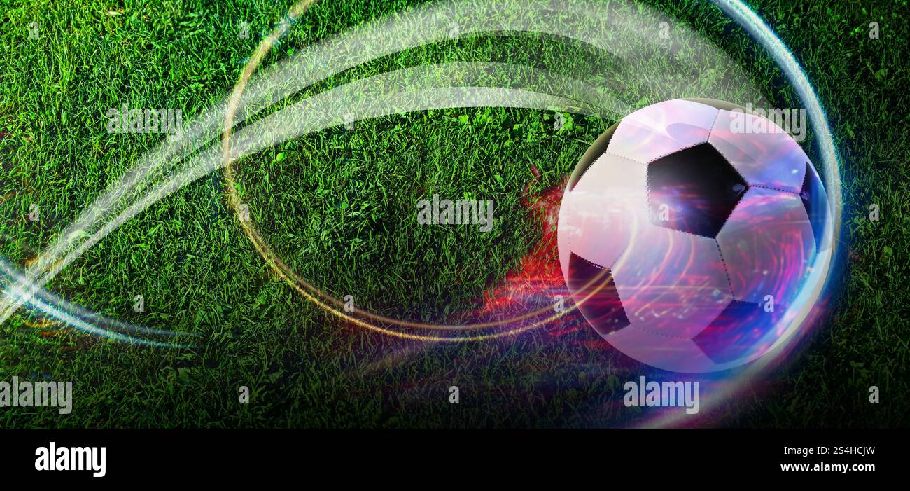 Coupe du monde de football 2026 Fussball ballon de football sur herbe verte avec un mouvement léger triplant. Jouer au fussball sur la coupe du championnat d'europe. Banque D'Images