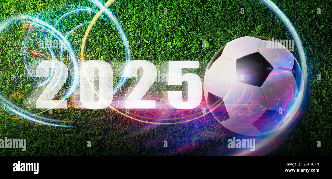 Coupe du monde de football 2026 Fussball ballon de football sur herbe verte avec un mouvement léger triplant. Jouer au fussball sur la coupe du championnat d'europe. Banque D'Images
