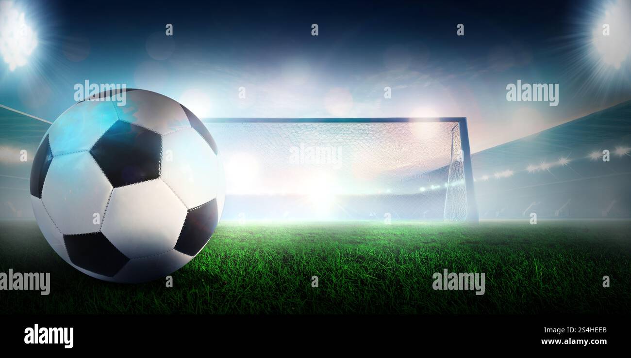 Coupe du monde de football 2026 Fussball ballon de football sur herbe verte avec un mouvement léger triplant. Jouer au fussball sur la coupe du championnat d'europe. Banque D'Images