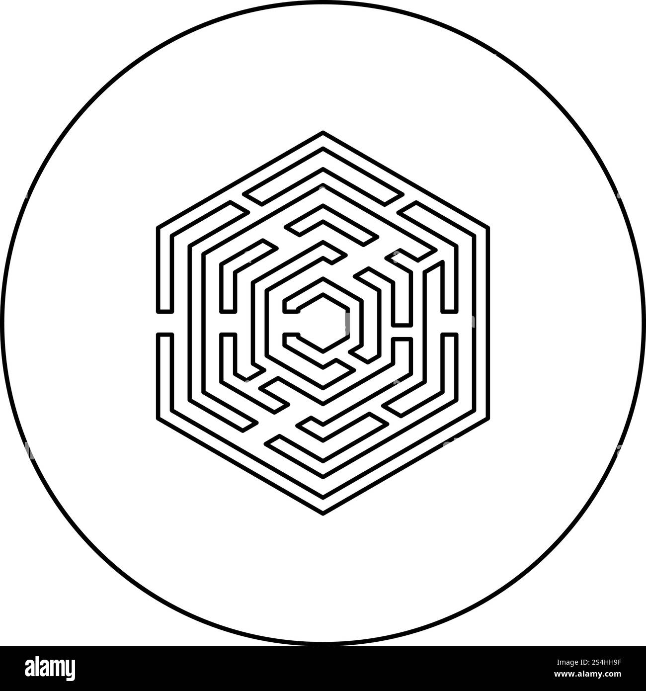 Labyrinthe Labyrinthe Labyrinthe hexagonal hexagonal avec six dans l'icône d'angle Contour rond cercle couleur noir style télévision illustration vectorielle simple image Illustration de Vecteur