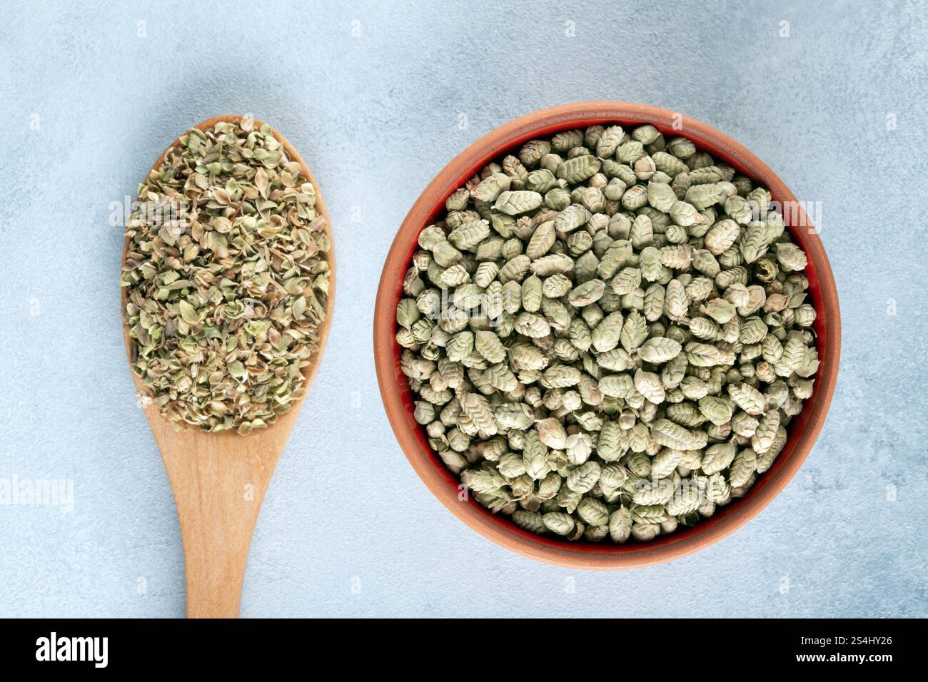 Un bol rempli d'un tas de thym séché naturel, accompagné d'une cuillère contenant des graines de thym Banque D'Images