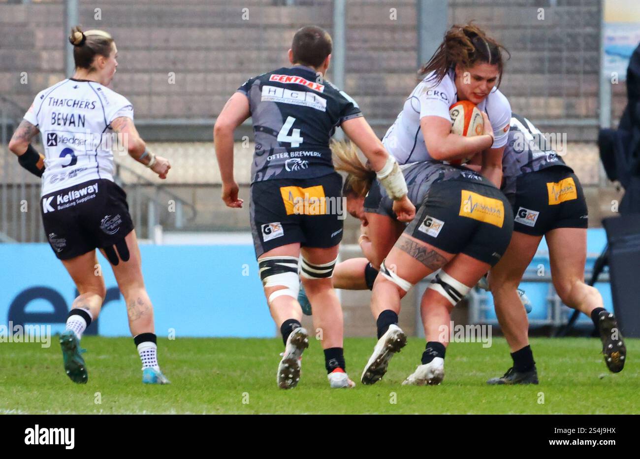 Exeter, Devon, Royaume-Uni. 12 janvier 2025. PWR Professional Women's Rugby Exeter Chiefs contre Bristol Bears à Sandy Park, Exeter, Devon. Sur la photo : Ilona Maher attaqué par les chefs. Crédit : Nidpor/Alamy Live News Banque D'Images