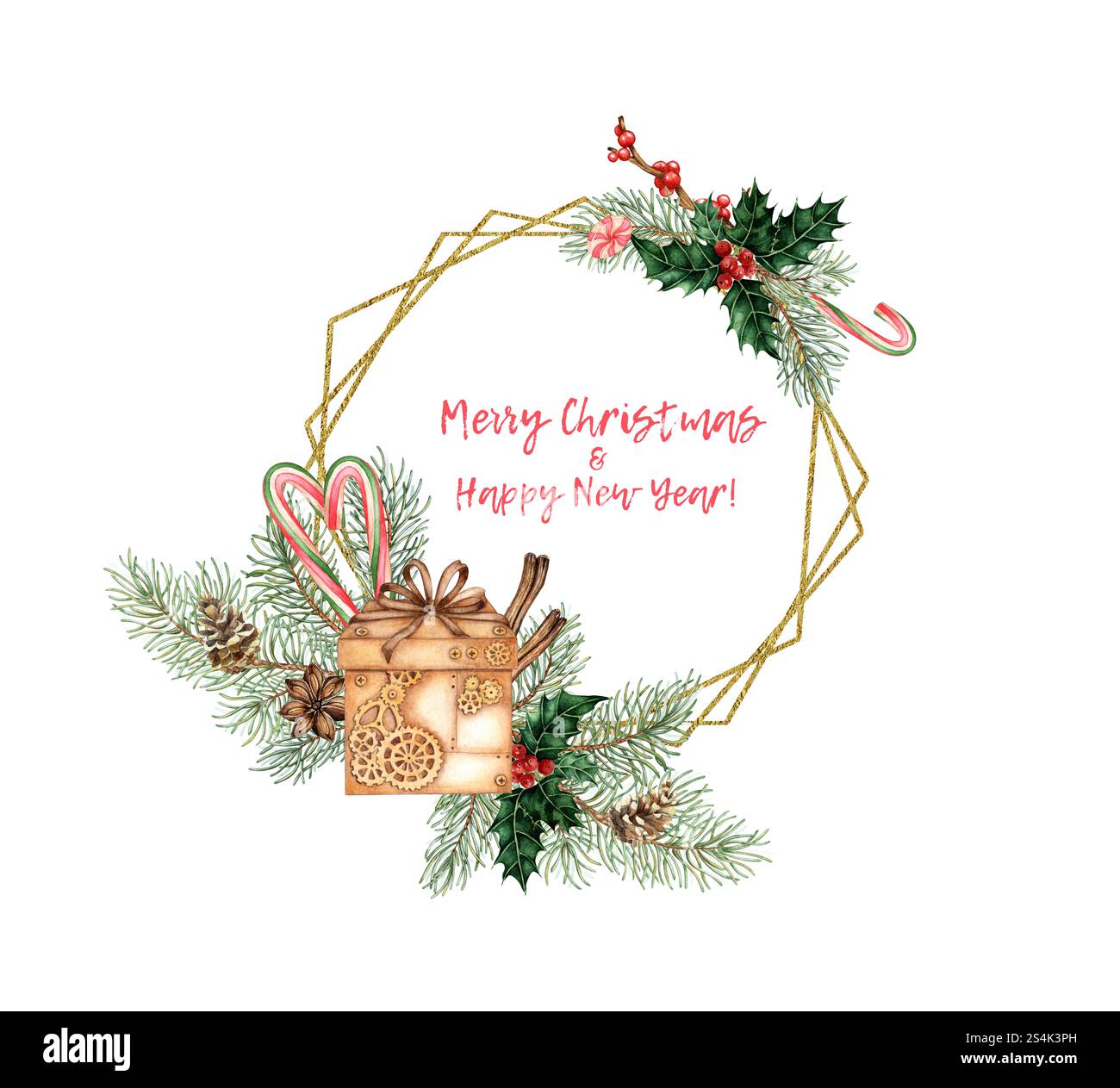 Cadeaux avec branches de sapin, pommes de pin, baies rouges, houx, illustration d'aquarelle caramel. Plantes forestières pour Noël d'hiver et décoration du nouvel an i Banque D'Images