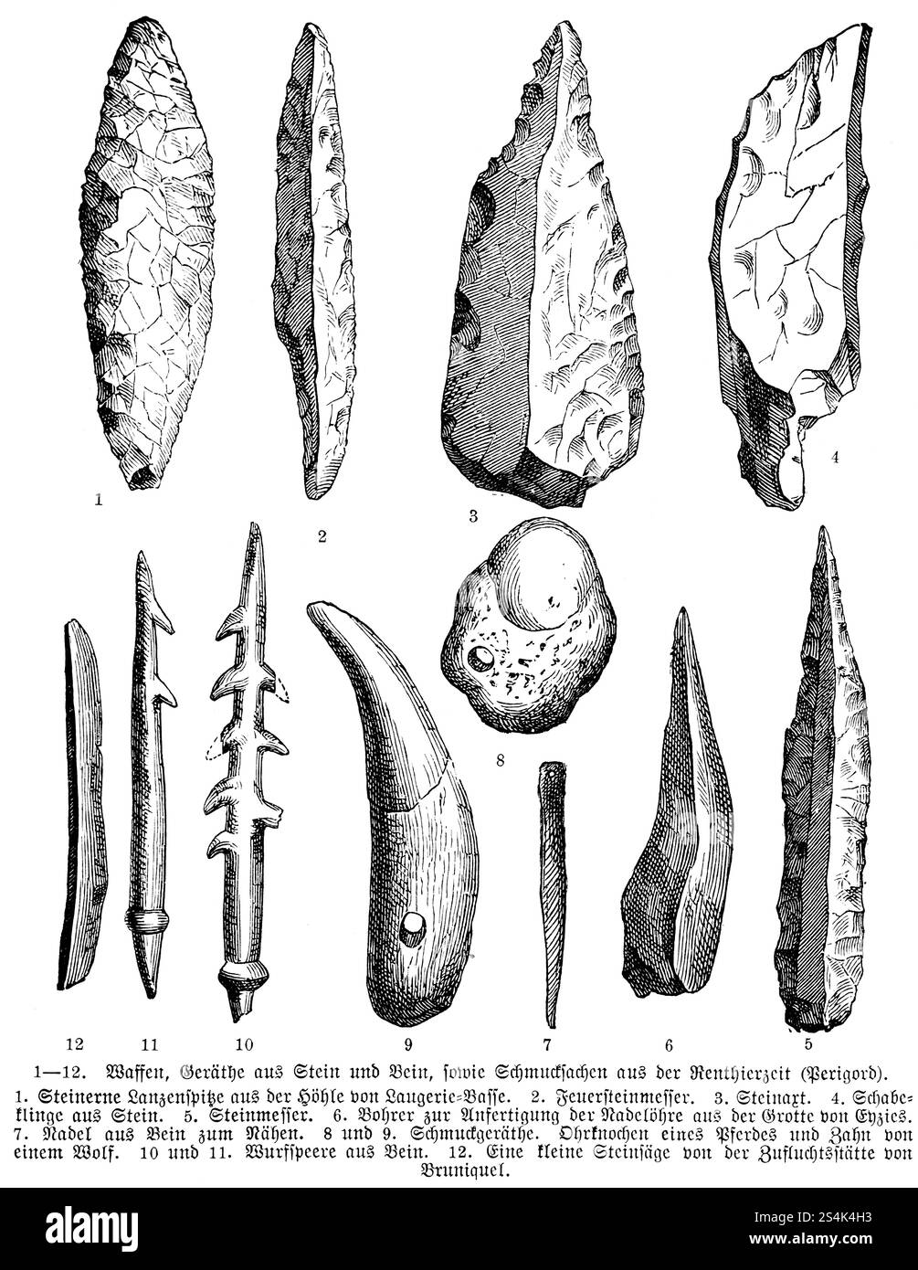 Découvertes archéologiques du Périgord historique, peuplement depuis l'âge de pierre, armes telles que couteaux, haches et lances, outils tels que forets et ne Banque D'Images