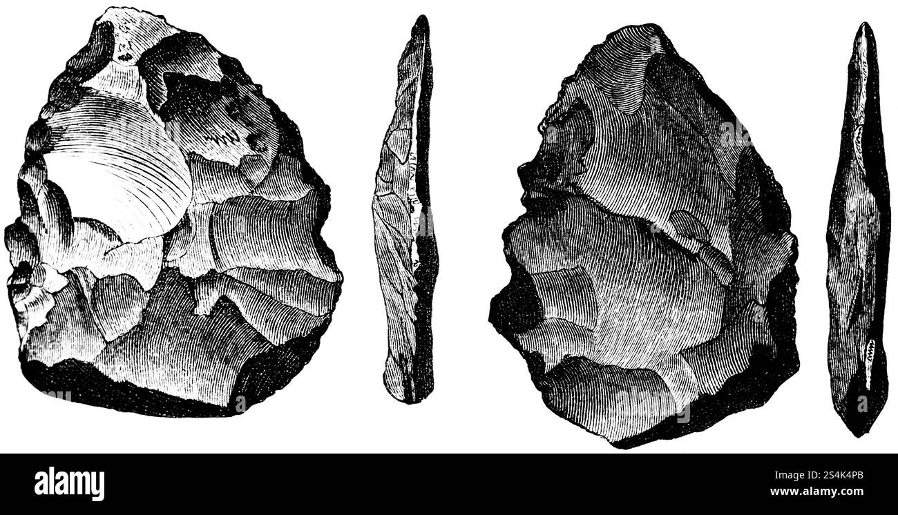 Outils Flint, vue de côté et de dessus, découverte archéologique des grottes Wookey Hole, comté de Somerset, grotte calcaire, géologie, histoire de l'humanité, Engla Banque D'Images