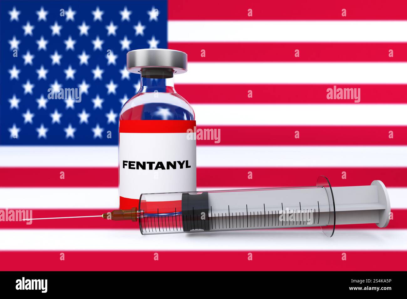 Bouteille spectaculaire de citrate de fentanyl avec une seringue contre un fond USA du DRAPEAU DES ETATS-UNIS D'AMÉRIQUE. Rendu 3D. Banque D'Images