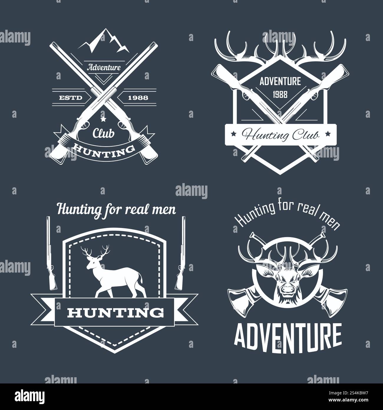 Jeu de modèles de logo de club de chasse ou d'aventure de chasse. Icônes isolées de vecteur de fusil de chasse et corne rétro pour la chasse animale badge de saison ouverte de cerf ou de bois d'élan et d'oie de canard dans la cible. Jeu de modèles de logo de club de chasse ou d'aventure de chasse Illustration de Vecteur