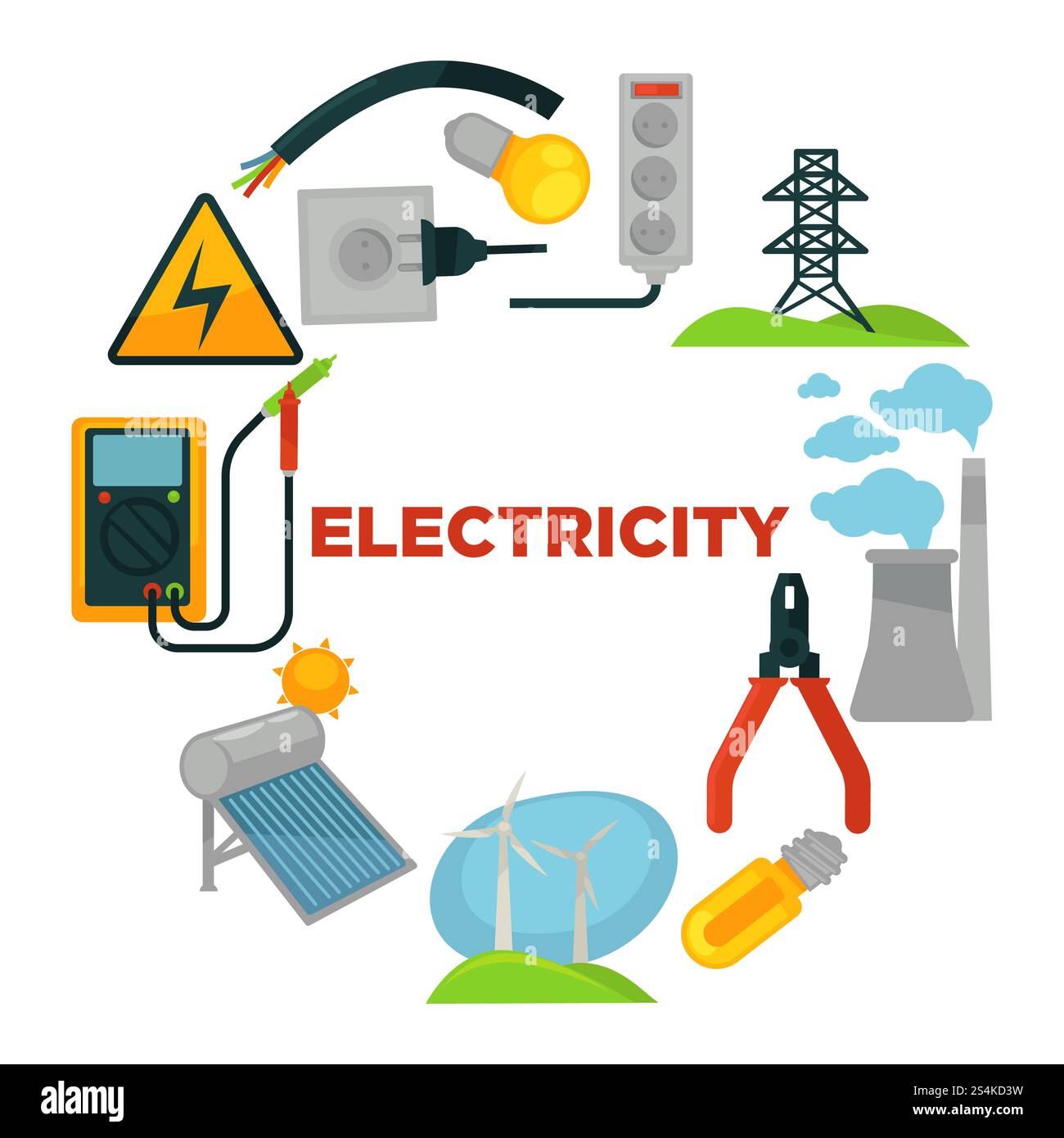 Électricien avec boîte à outils entouré de sources d'électricité et d'outils. Générateurs de vent, ampoules lumineuses, tour haute, tuyaux d'usine, batterie solaire, illustrations vectorielles des petites prises de courant et du voltmètre. Électricien avec boîte à outils entouré de sources d'électricité et d'outils. Illustration de Vecteur