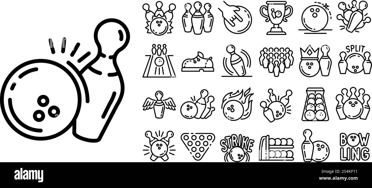 Jeu d'icônes de bowling. Ensemble de contours d'icônes vectorielles de bowling pour la conception de Web isolé sur fond blanc. Jeu d'icônes de bowling, style de contour Illustration de Vecteur