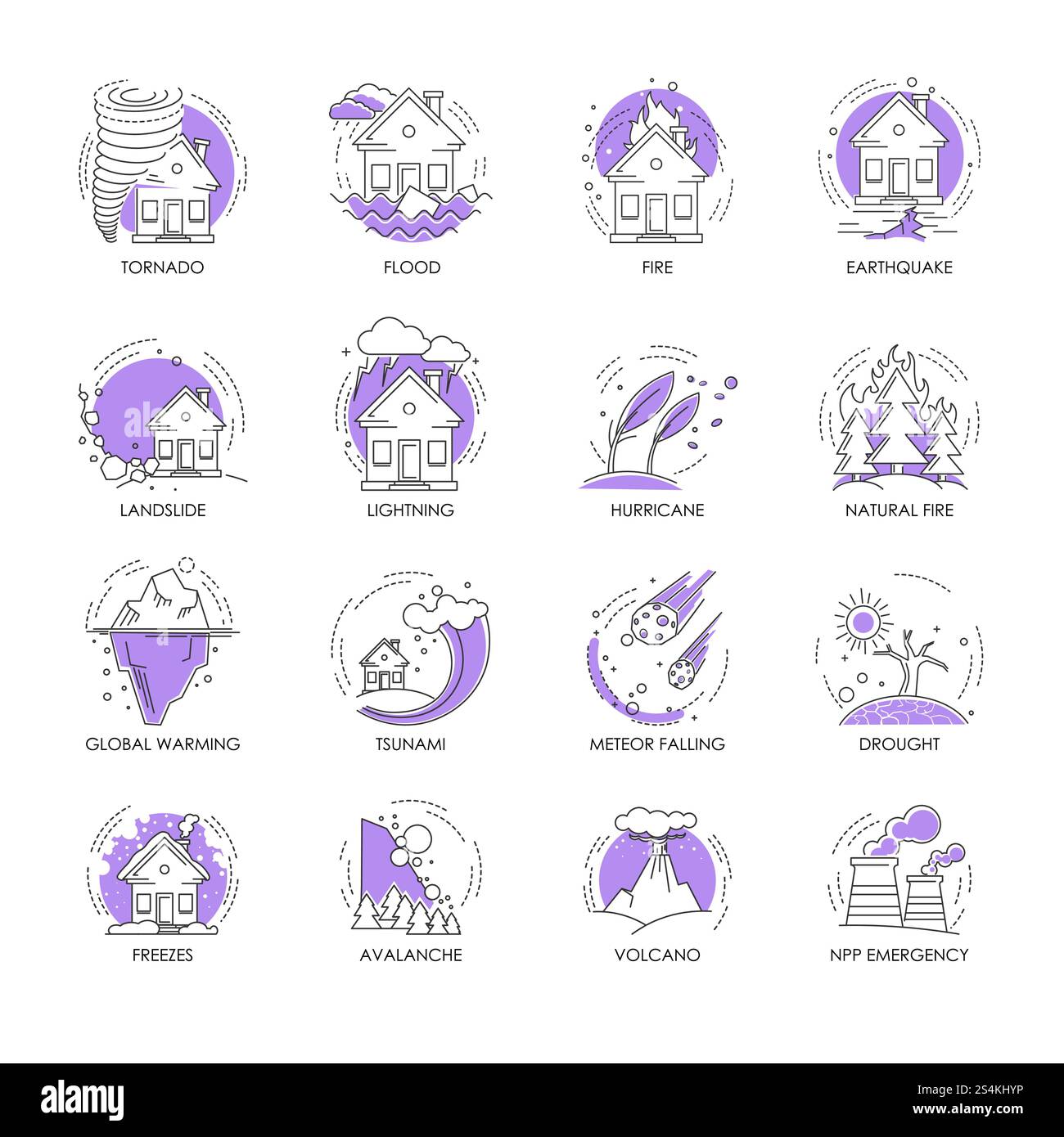 Catastrophes naturelles causées par les eaux océaniques, les incendies sauvages ou industriels et les conditions météorologiques imprévisibles illustrations vectorielles plates de dessins animés isolées en bleu clair sur fond blanc.. Catastrophes naturelles illustrations de dessins animés isolés dans les couleurs bleues ensemble Illustration de Vecteur