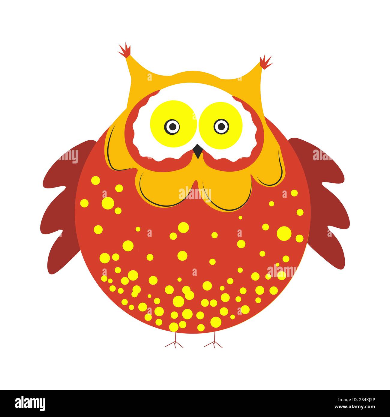 Énorme hibou rond avec plumage brun pointillé avec de minuscules pompons sur la tête, des ailes courtes et de petites griffes illustration vectorielle plate de dessin animé isolée sur fond blanc. Oiseau drôle avec des plumes brillantes.. Énorme hibou rond avec plumage brun avec des pompons sur la tête Illustration de Vecteur