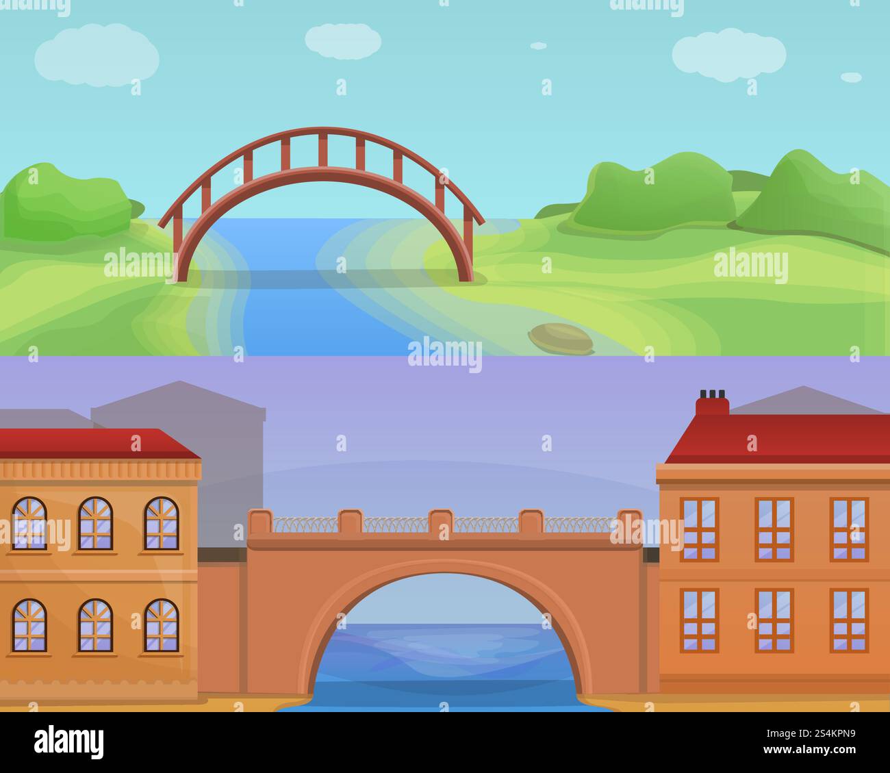 Jeu de bannières pour ponts urbains. Illustration de dessin animé de la bannière vectorielle des ponts de ville pour la conception de sites Web. Ensemble de bannières City Bridges, style cartoon Illustration de Vecteur
