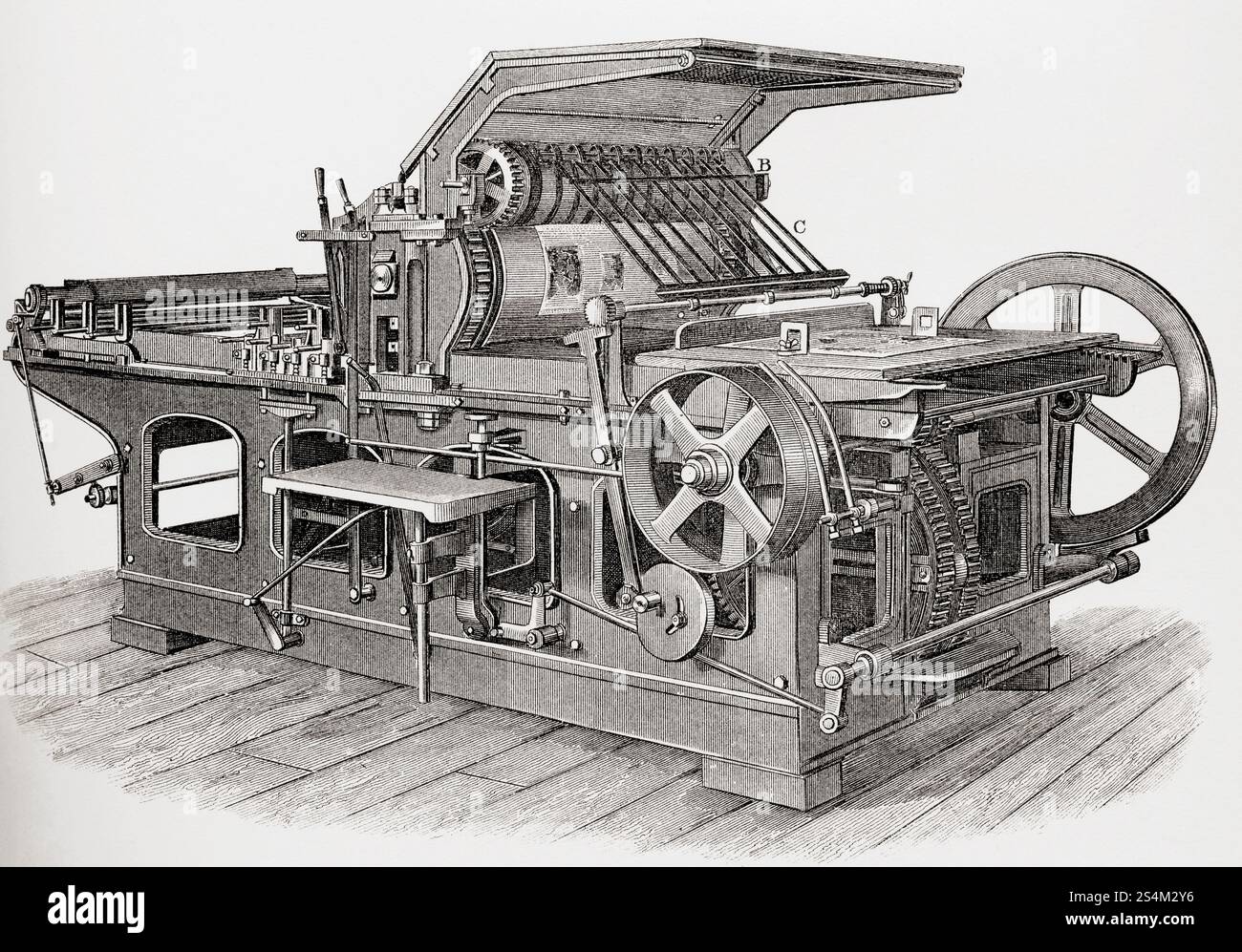 Impression. Machine monocylindre, convoyeur supérieur. Extrait de l'Encyclopédie nationale : un Dictionnaire de la connaissance universelle, publié vers 1890 Banque D'Images