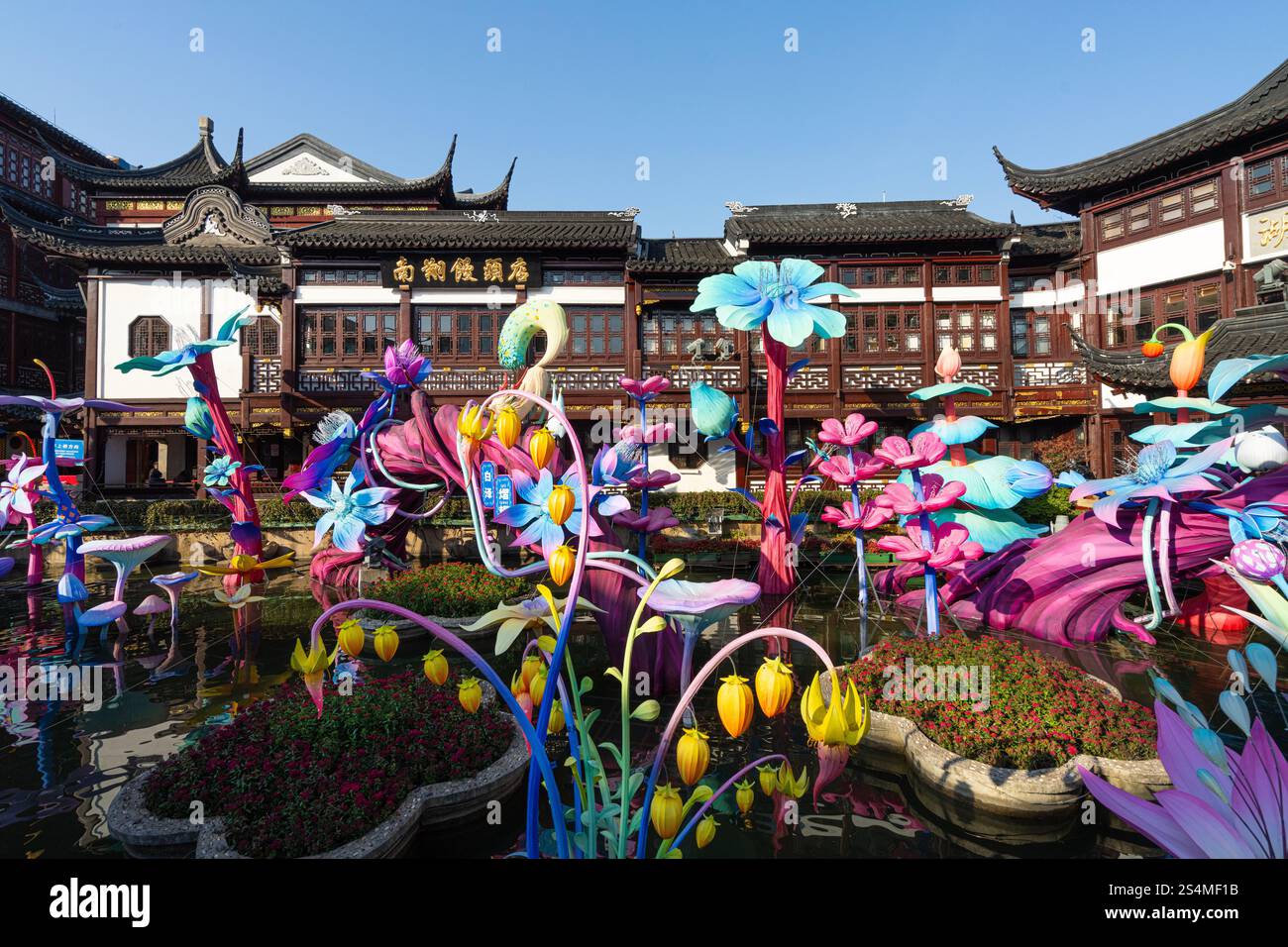 Shanghai, Chine. 8 janvier 2025. L'ancien pont Jiuqu avec des décorations du nouvel an dans le quartier de Yuyuan dans le centre-ville Banque D'Images