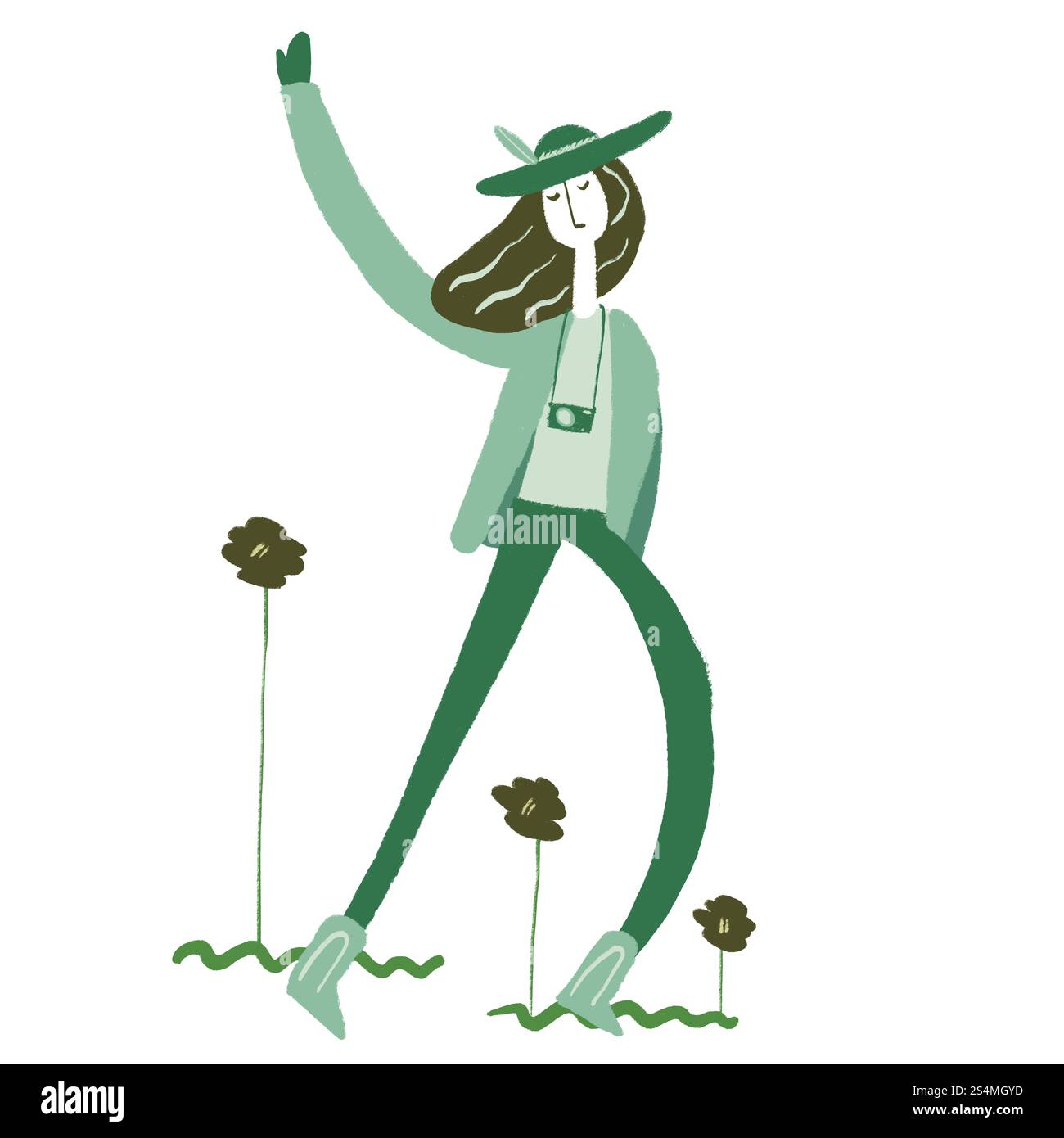Une illustration fantaisiste avec une figure stylisée dans un chapeau et un appareil photo, entouré de fleurs vertes L'art utilise une palette verte monochromatique pour A. Banque D'Images