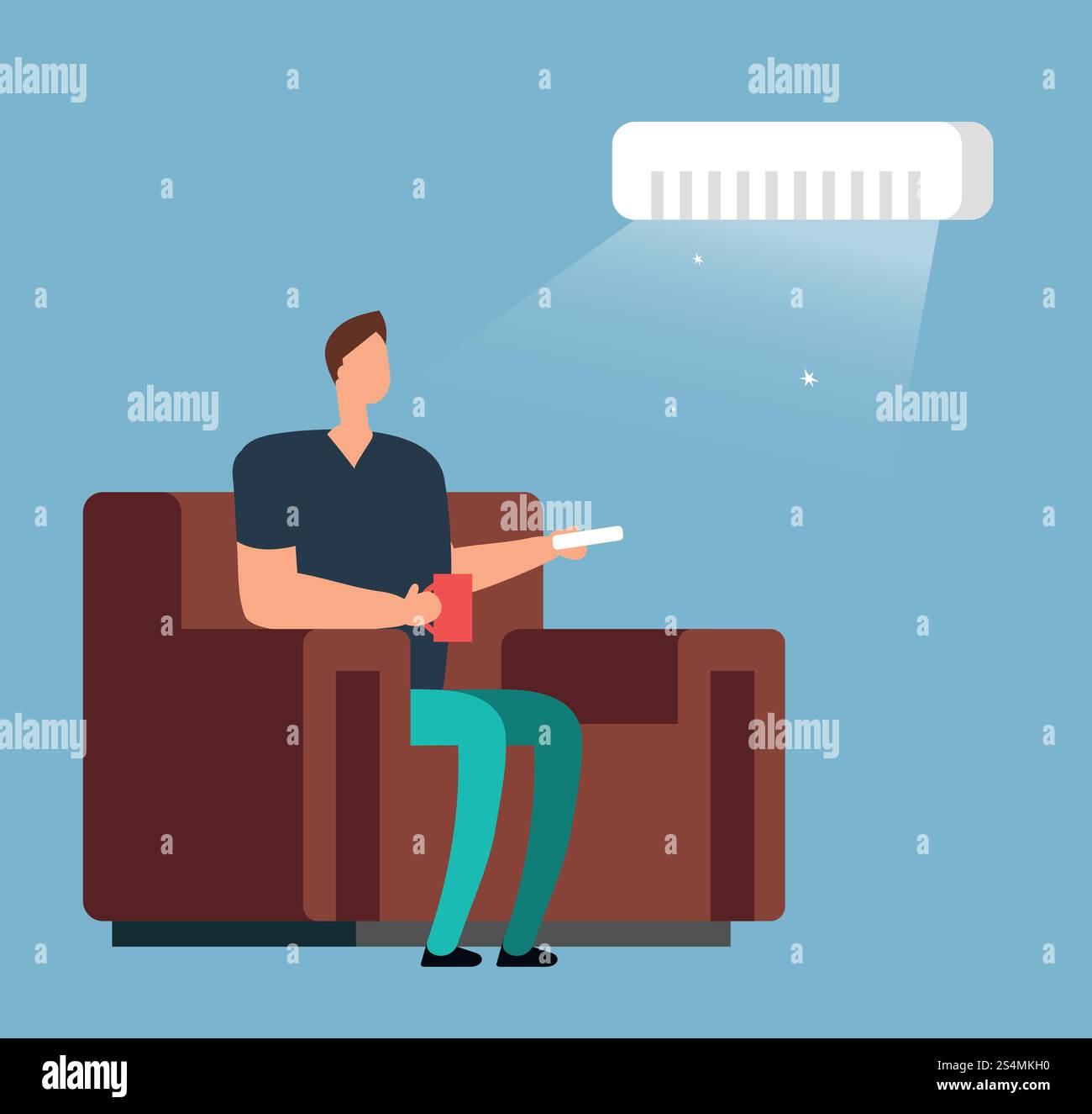 Homme sur canapé sous air conditionné. Concept de vecteur de contrôle de climatisation de pièce. Climatiseur et climatisation salle climatique, illustration de commande froide et fraîche. Homme sur canapé sous air conditionné. Concept de vecteur de contrôle de climatisation de pièce Illustration de Vecteur