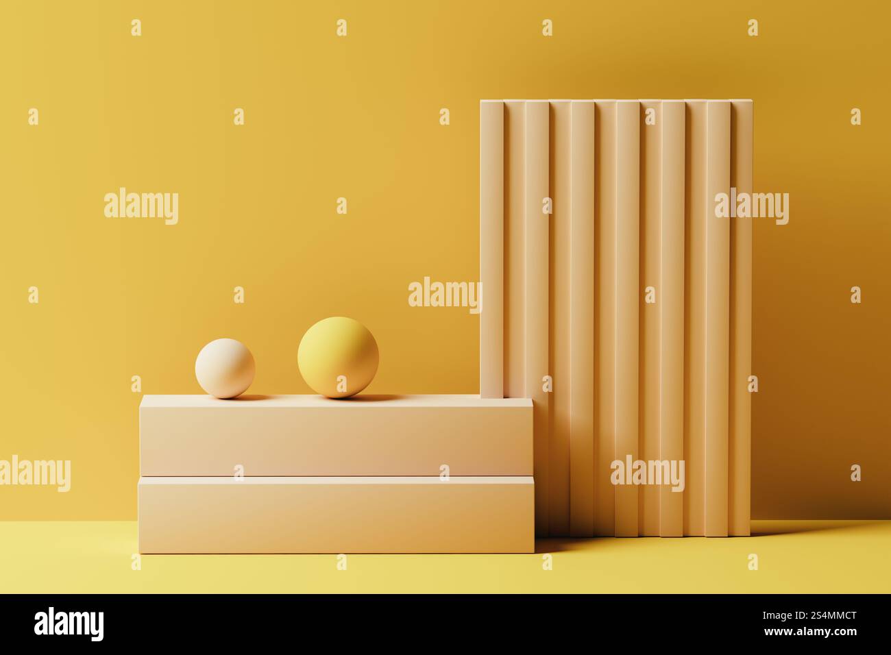 Fond d'une composition minimaliste mettant en vedette trois objets géométriques dans des tons doux. La scène comprend deux sphères et un bloc rectangulaire, CREA Banque D'Images