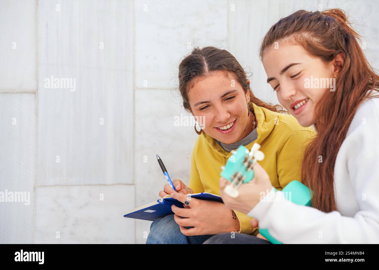 Deux amis s'engagent dans une séance d'étude amusante, l'un joue un ukulélé turquoise, tandis que l'autre prend des notes sur un presse-papiers, les deux sourient, appréciant le Sha Banque D'Images