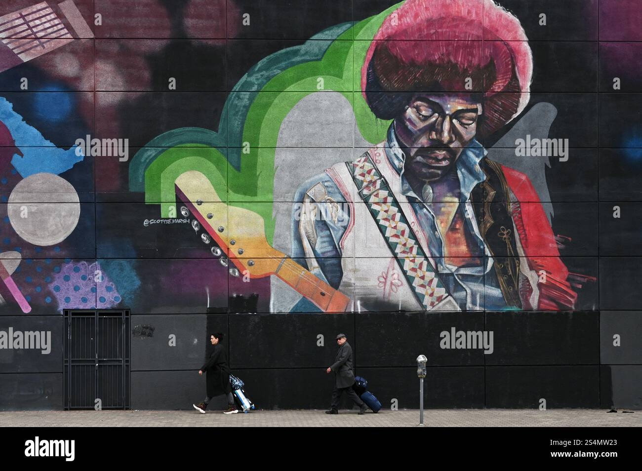 Murale de Jimi Hendrix au Guitar Center Music Store sur Sunset Boulevard, Hollywood, Los Angeles, Californie, États-Unis Banque D'Images