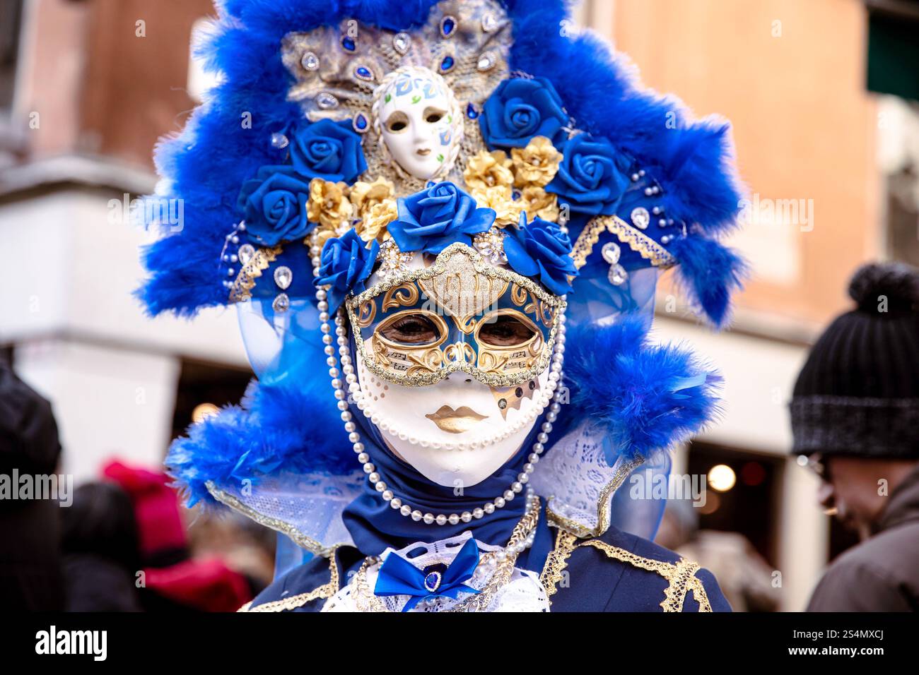 Costume de carnaval vénitien avec masque bleu et or et plumes Banque D'Images