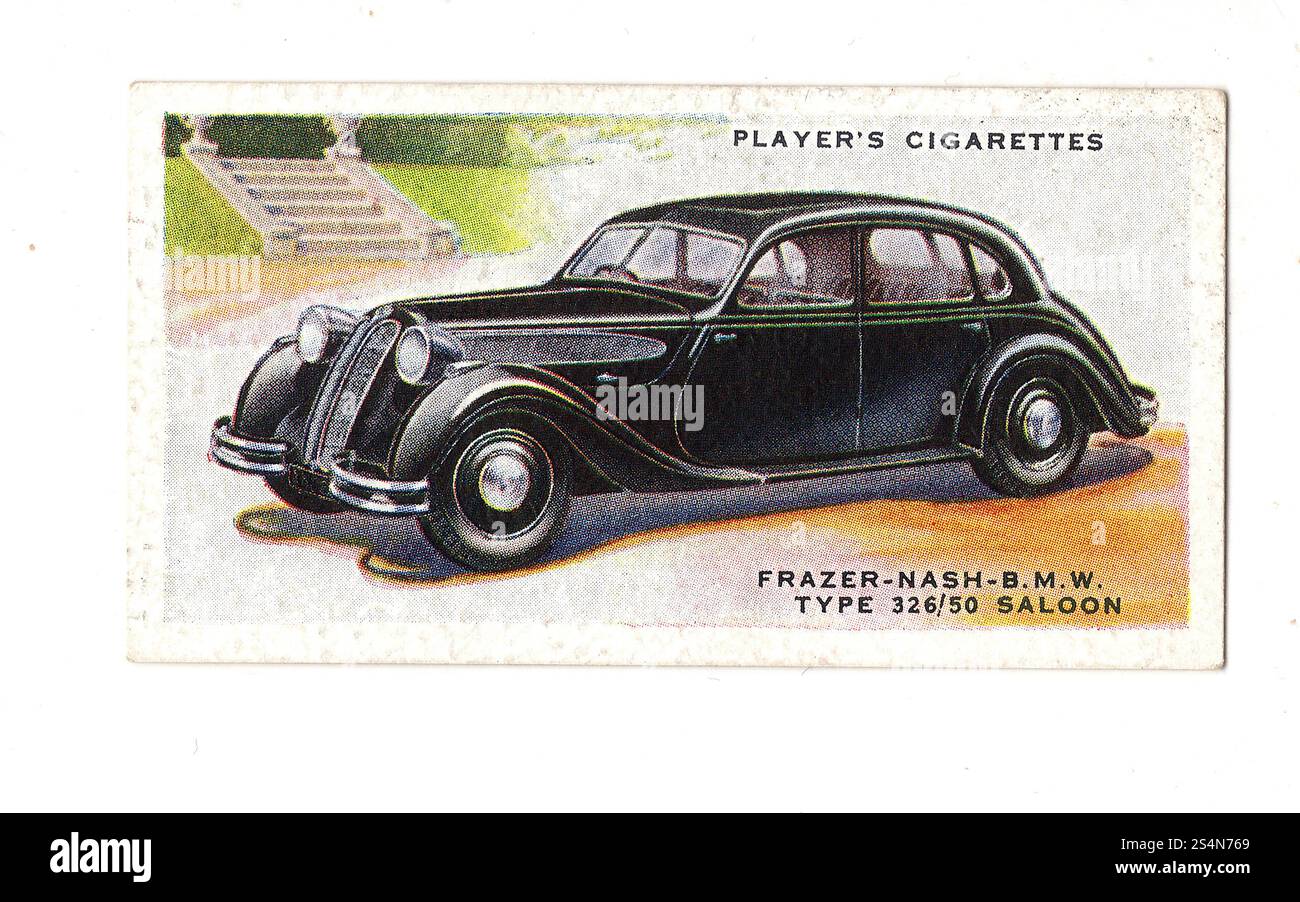 Une carte de cigarette de voiture antique illustrant un Frazer - Nash BMW type 326/50 Saloon sur un fond blanc. Banque D'Images