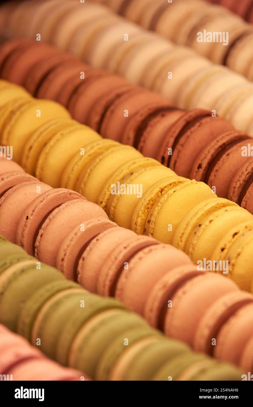 Macarons colorés (macarons français) exposés au bar remarquable « Confiteria la Ideal », Buenos Aires, Argentine. Banque D'Images