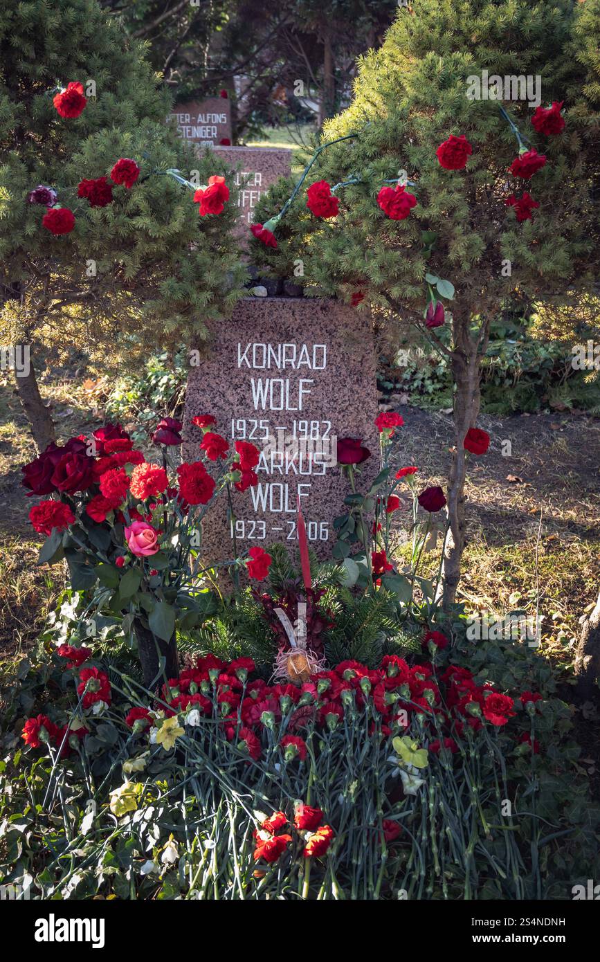 Berlin Lichtenberg OT Friedrichsfelde Friedhof, Zentralfriedhof, Gedenkstätte der Sozialisten : Grab Konrad Wolf, Markus Mischa Wolf - 13.01.2025 Berlin Lichtenberg *** Berlin Lichtenberg OT Friedrichsfelde cimetière central, mémorial socialiste tombe Konrad Wolf, Markus Mischa Wolf 13 01 2025 Berlin Lichtenberg Banque D'Images