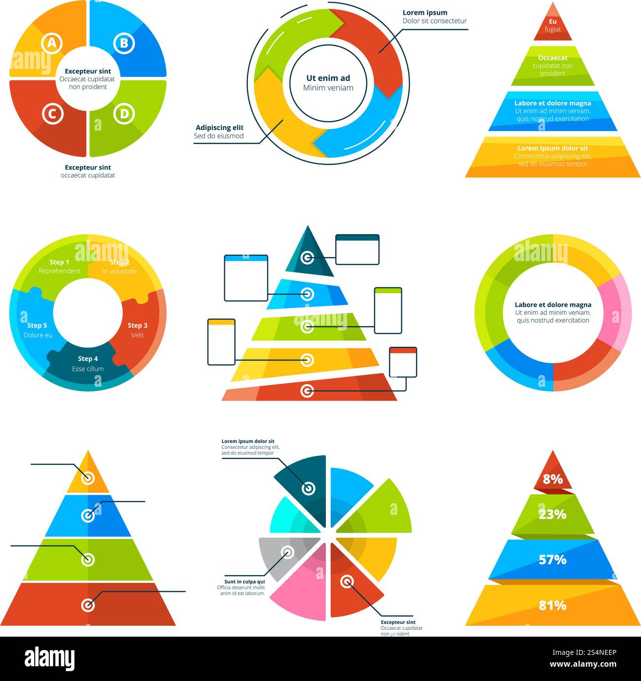 Triangles, pyramides et éléments ronds pour l'infographie. Infographie du triangle pyramidal, diagramme de présentation et graphique. Illustration vectorielle. Triangles, pyramides et éléments ronds pour l'infographie Illustration de Vecteur