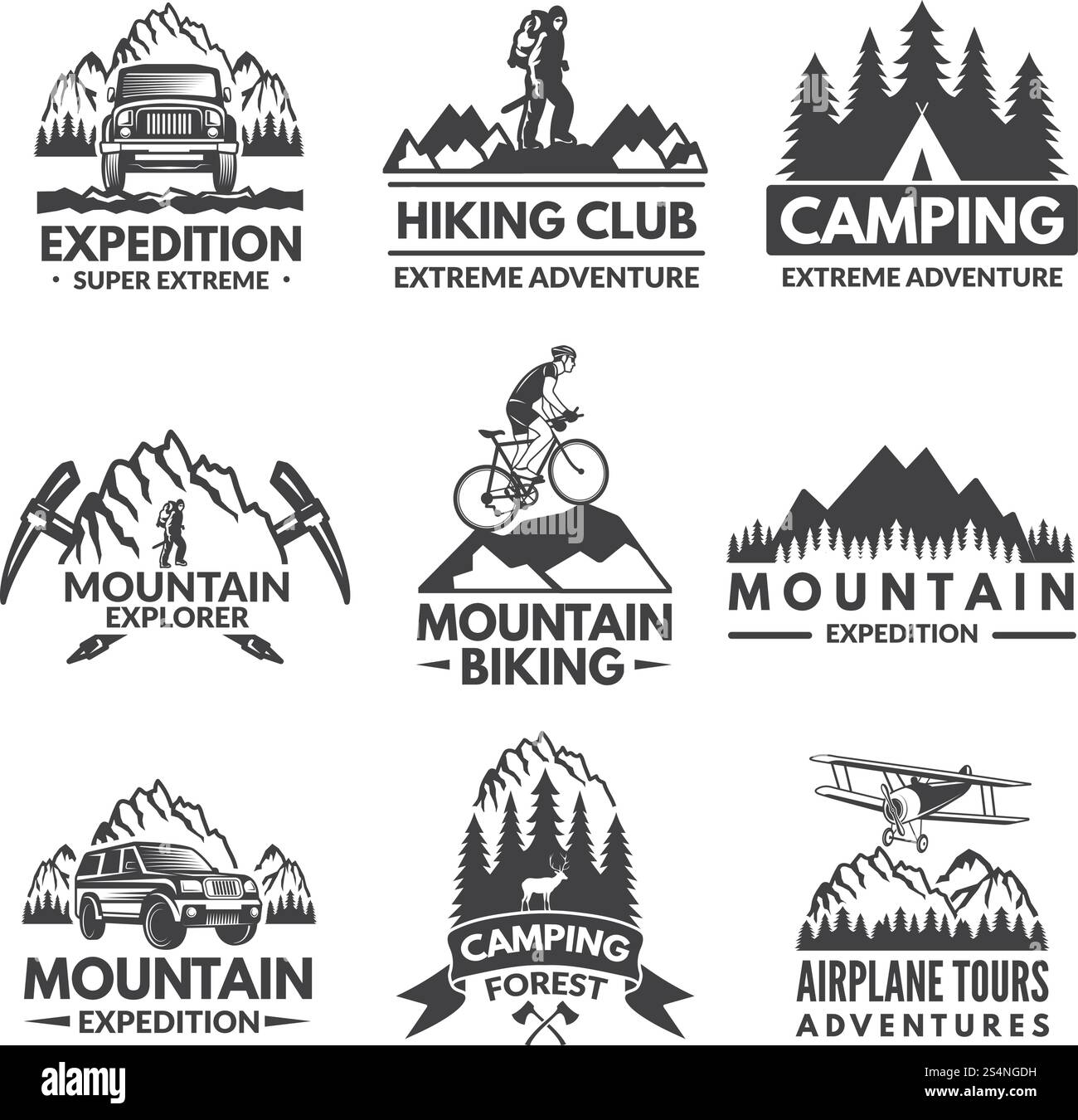 Jeu d'étiquettes Explorer. Étiquette de photos de voyage et emblème d'aventure, vélo et escalade, alpinisme et voyage. Illustration vectorielle. Jeu d'étiquettes Explorer. Photos de voyage Illustration de Vecteur