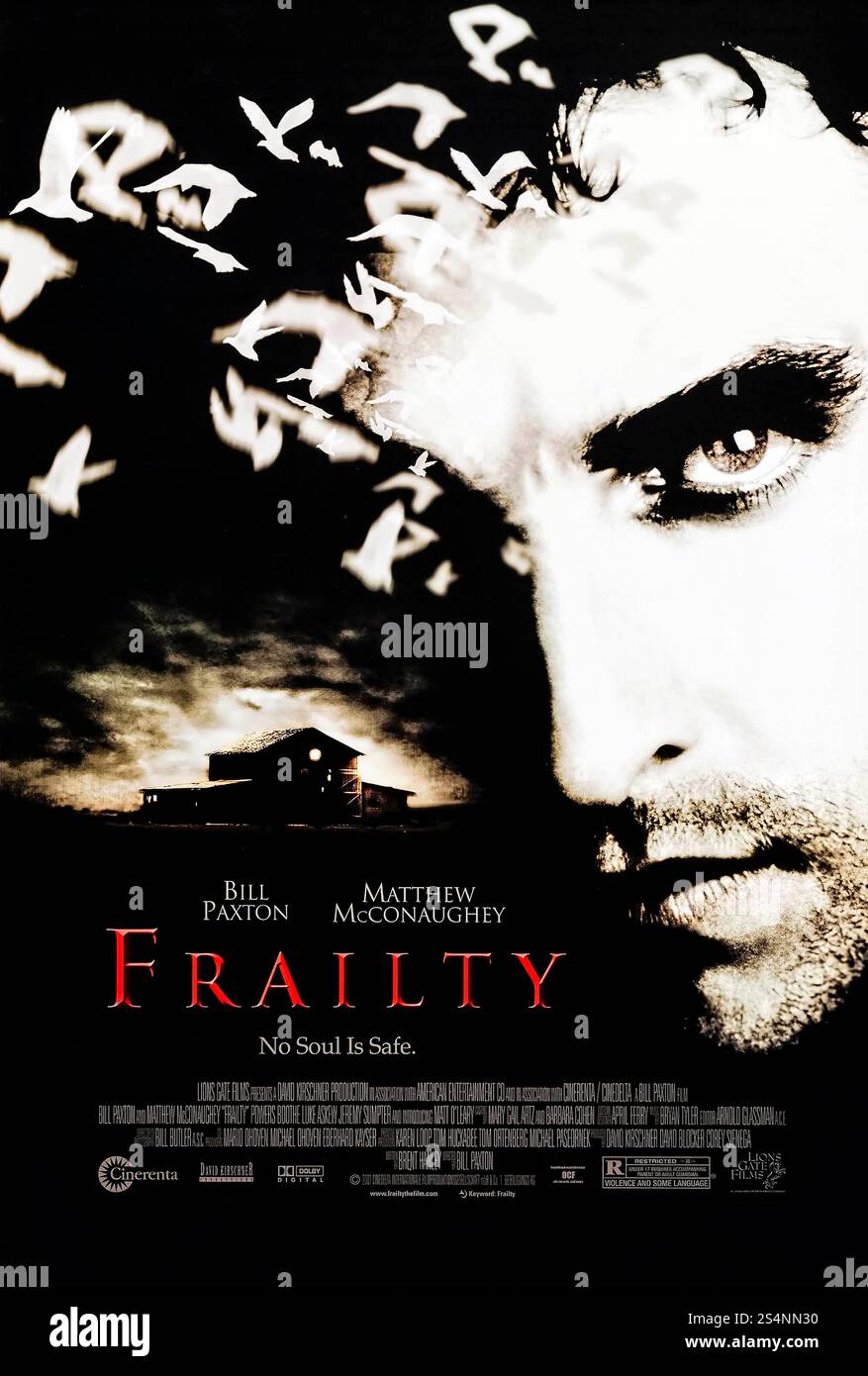 Frailty (2002) réalisé par Bill Paxton et mettant en vedette Bill Paxton, Matthew McConaughey et Powers Boothe. Un homme mystérieux avoue à un agent du FBI le sombre voyage de son père de famille dévoué à meurtrier de démons guidé par des visions divines. Photographie d'une affiche américaine originale de 2002 À USAGE ÉDITORIAL EXCLUSIF. Crédit : BFA / Lions Gate films Banque D'Images