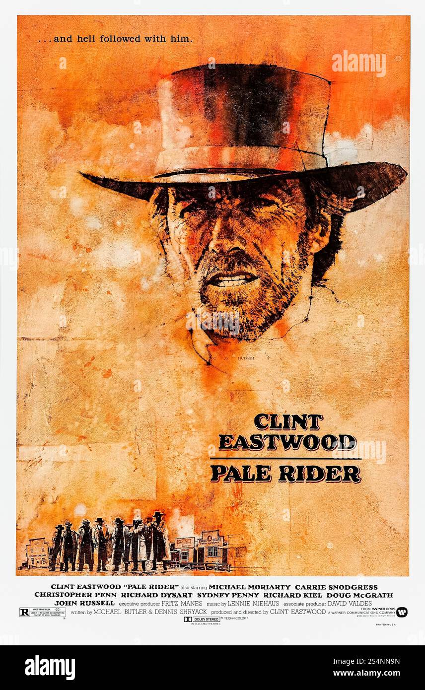 Pale Rider (1985) réalisé par Clint Eastwood avec Clint Eastwood, Michael Moriarty et Carrie Snodgress. Un mystérieux prédicateur arrive dans une ville minière pour protéger les prospecteurs d'une compagnie minière impitoyable. Photographie d'une affiche originale américaine d'une feuille de 1985 présentant une œuvre d'art de C.M. Dudash À USAGE ÉDITORIAL EXCLUSIF. Crédit : BFA / Warner Bros Banque D'Images