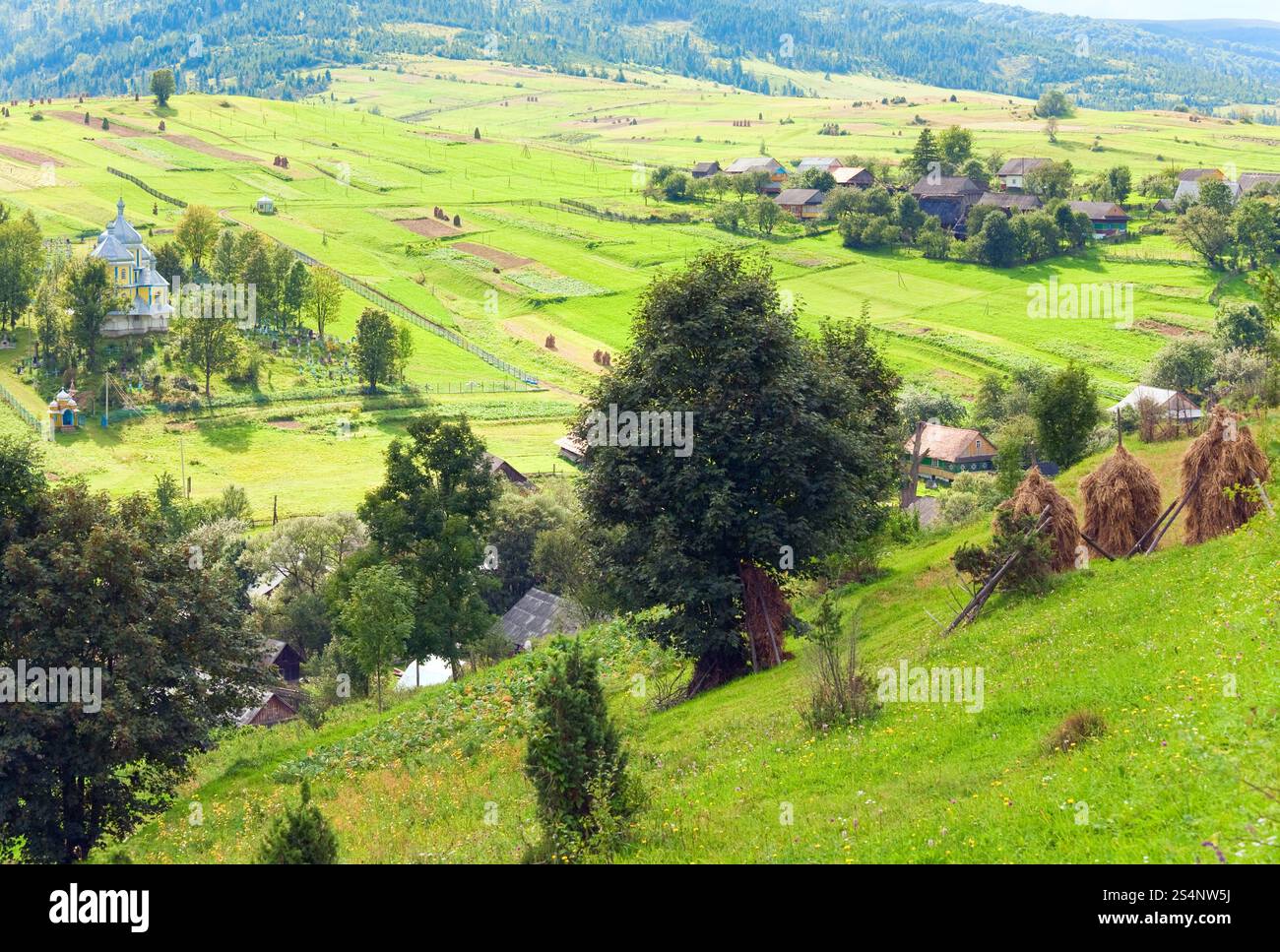 Beau petit village de montagne sur montagne (massif des Carpates. L'Ukraine) Banque D'Images