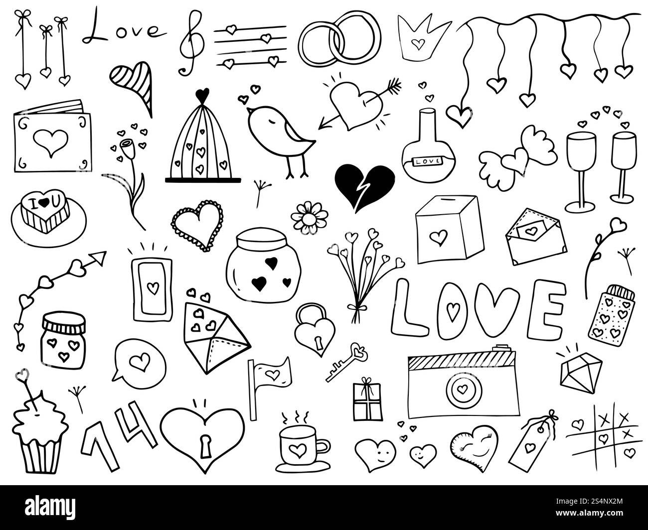 Eléments isolés sur fond blanc. Un pot de voeux, un jeu de TIC-tac-toe, des coeurs sur un ruban, une tasse avec de la mousse luxuriante et des biscuits. Vecteur. Doodle. Illustration de Vecteur