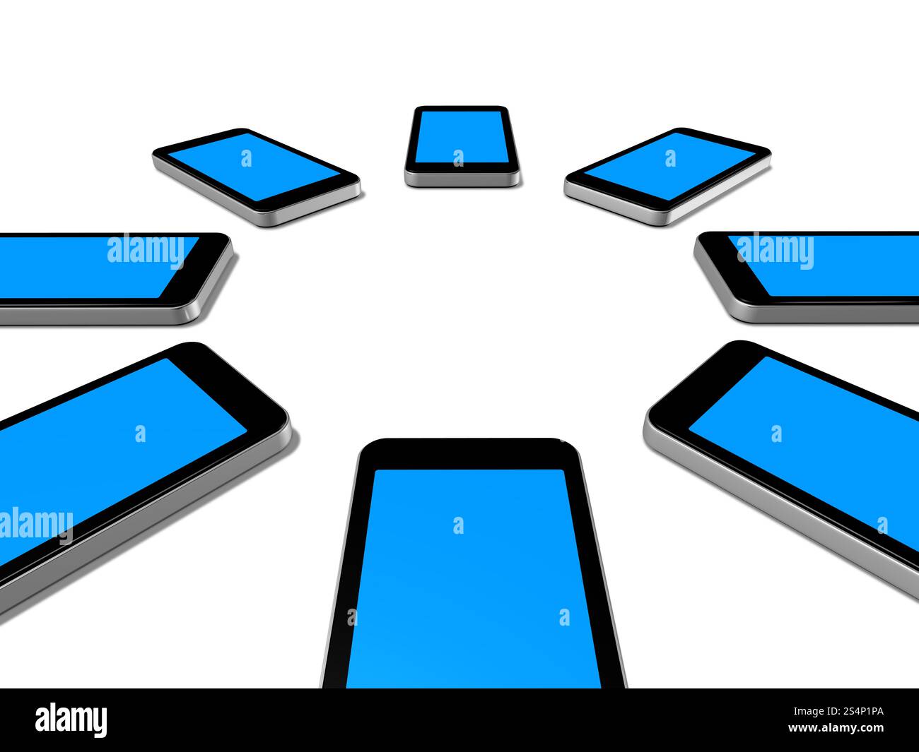 groupe de téléphones mobiles tridimensionnels isolé sur blanc. téléphones portables Banque D'Images