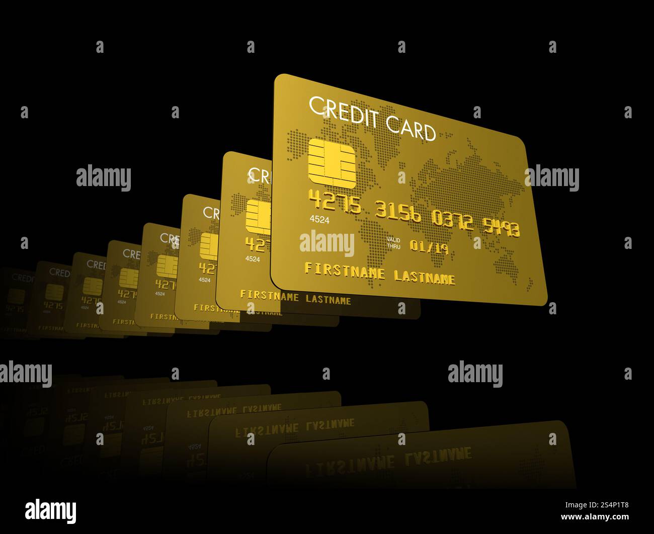 Série de cartes de crédit en or, rendu 3D isolé sur noir. Cartes de crédit Gold Banque D'Images