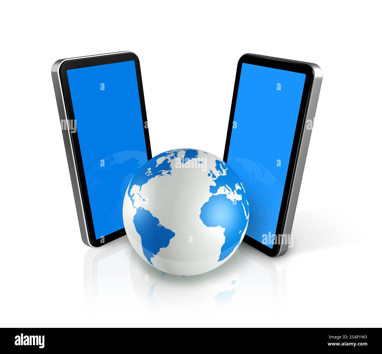 deux téléphones mobiles connectés en trois dimensions autour d'un globe terrestre - isolé sur blanc. deux téléphones mobiles autour d'un globe terrestre Banque D'Images