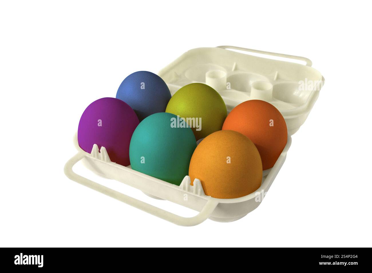 six oeufs de pâques colorés dans une boîte à œufs. oeufs de pâques colorés Banque D'Images